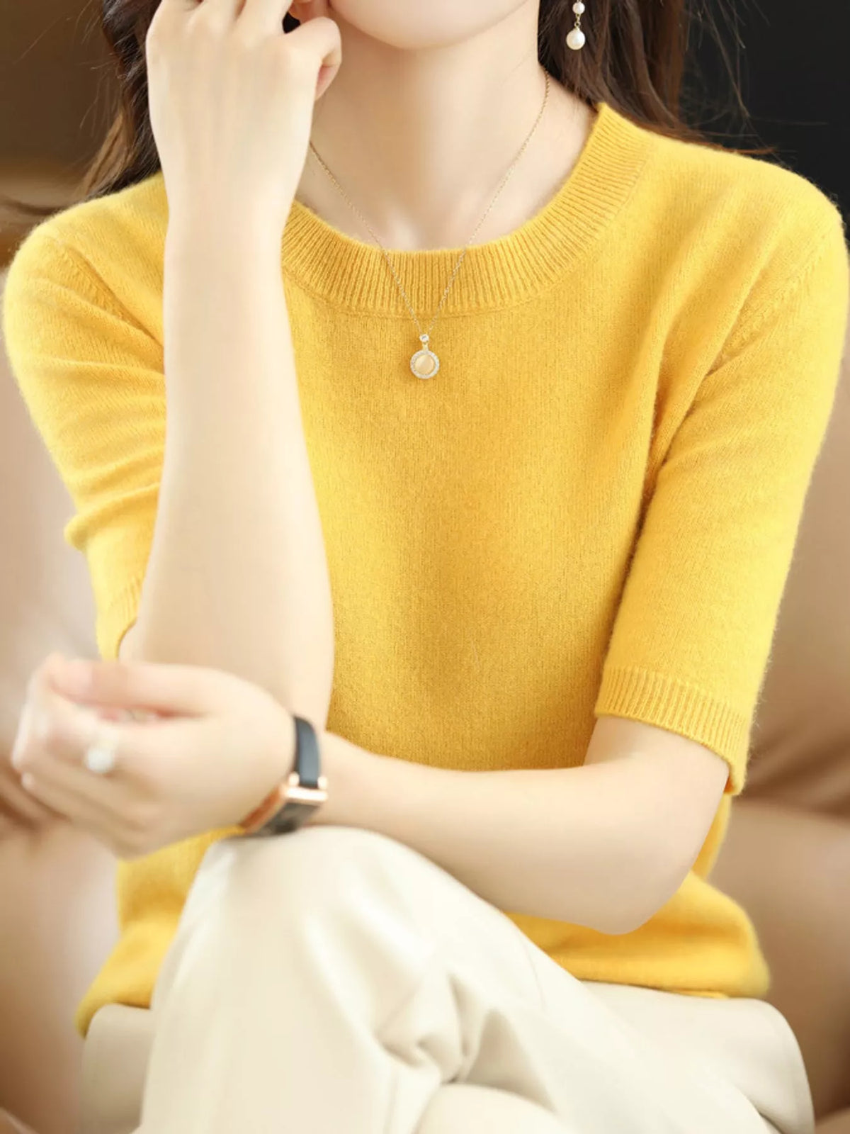 Mustard Yellow round neck short-sleeve sweater