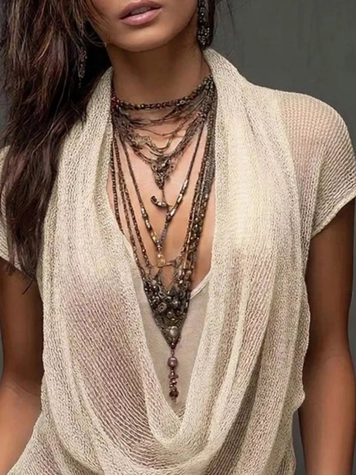 Beige Scoop Neck Tank and Cowl Neck Cover-Up Set detail view