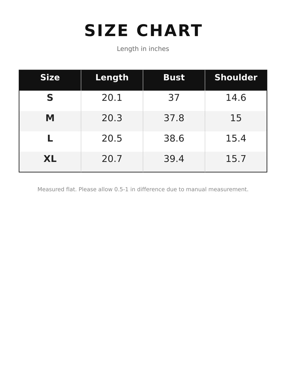 Size chart for button-down sweater vest