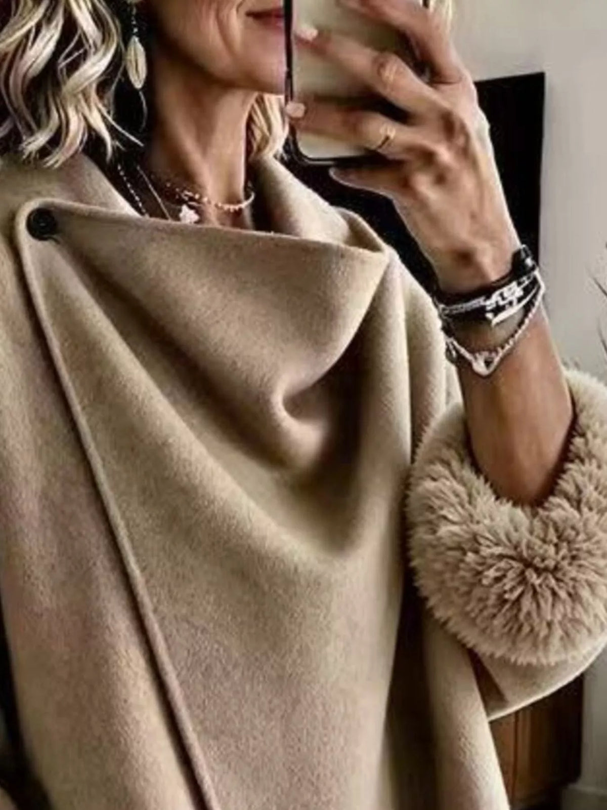Asymmetric Buttoned Jacket with Faux Fur Cuffs, neckline detail