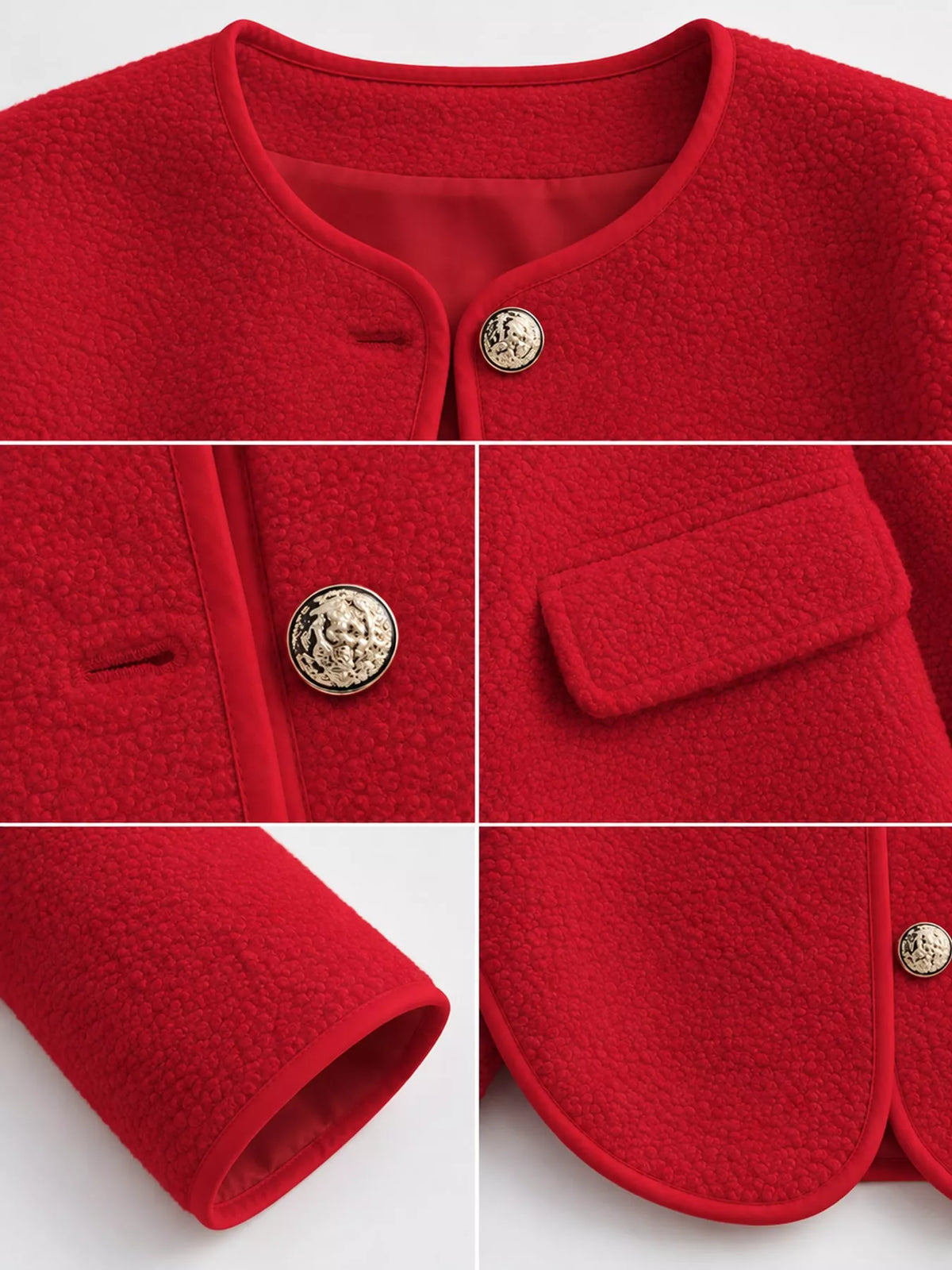 Red textured button-front jacket — design and construction details