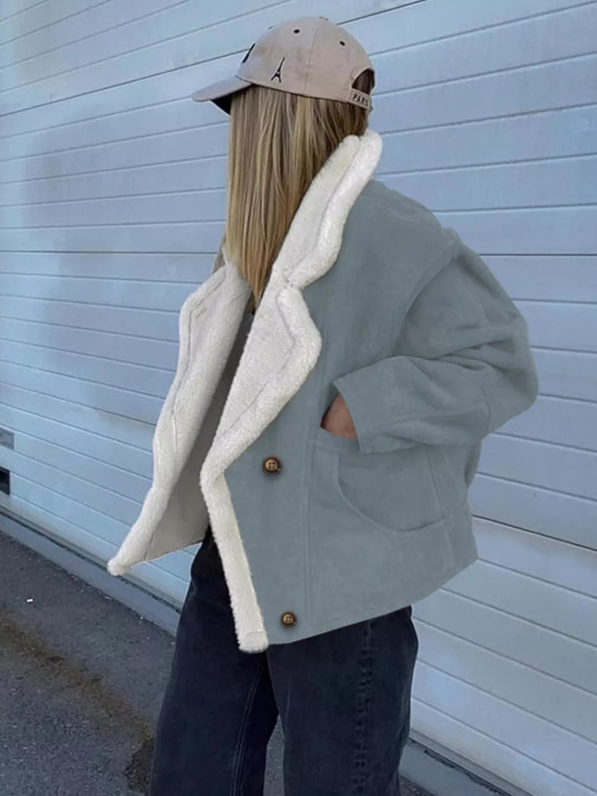 Plush-Lined Double-Breasted Jacket in blue, back view