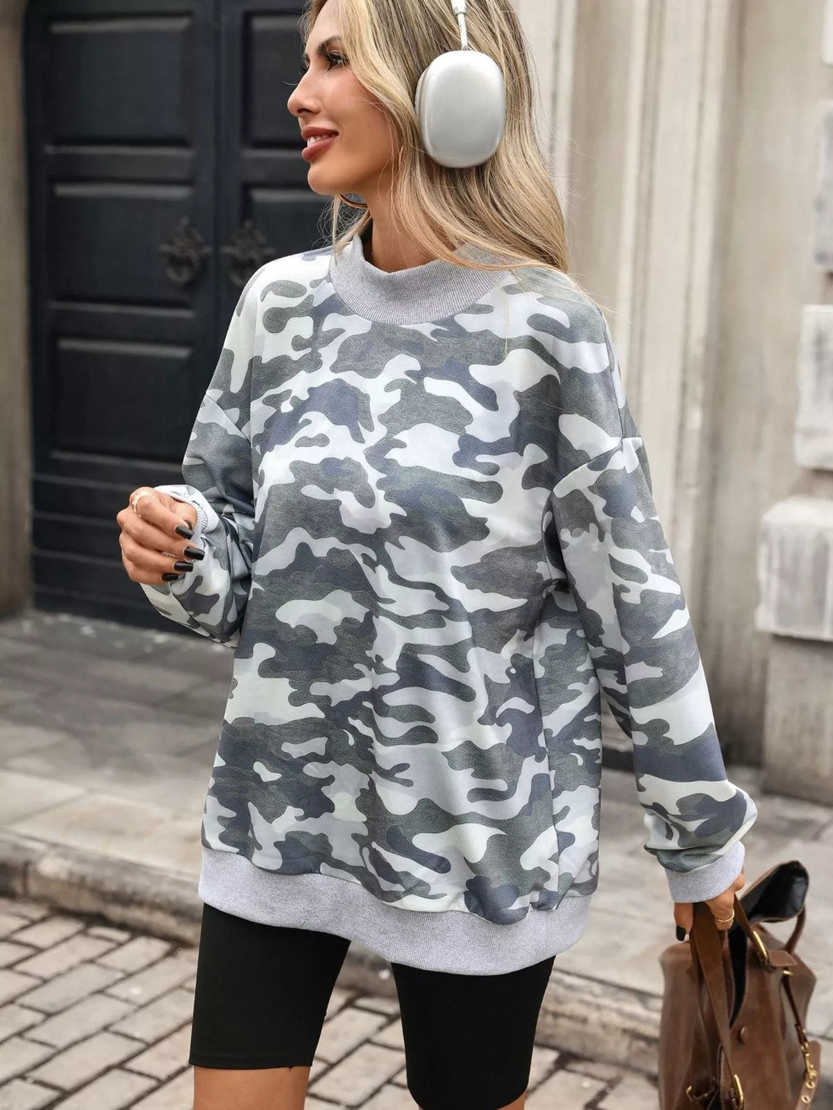 Camouflage-print mock-neck sweatshirt