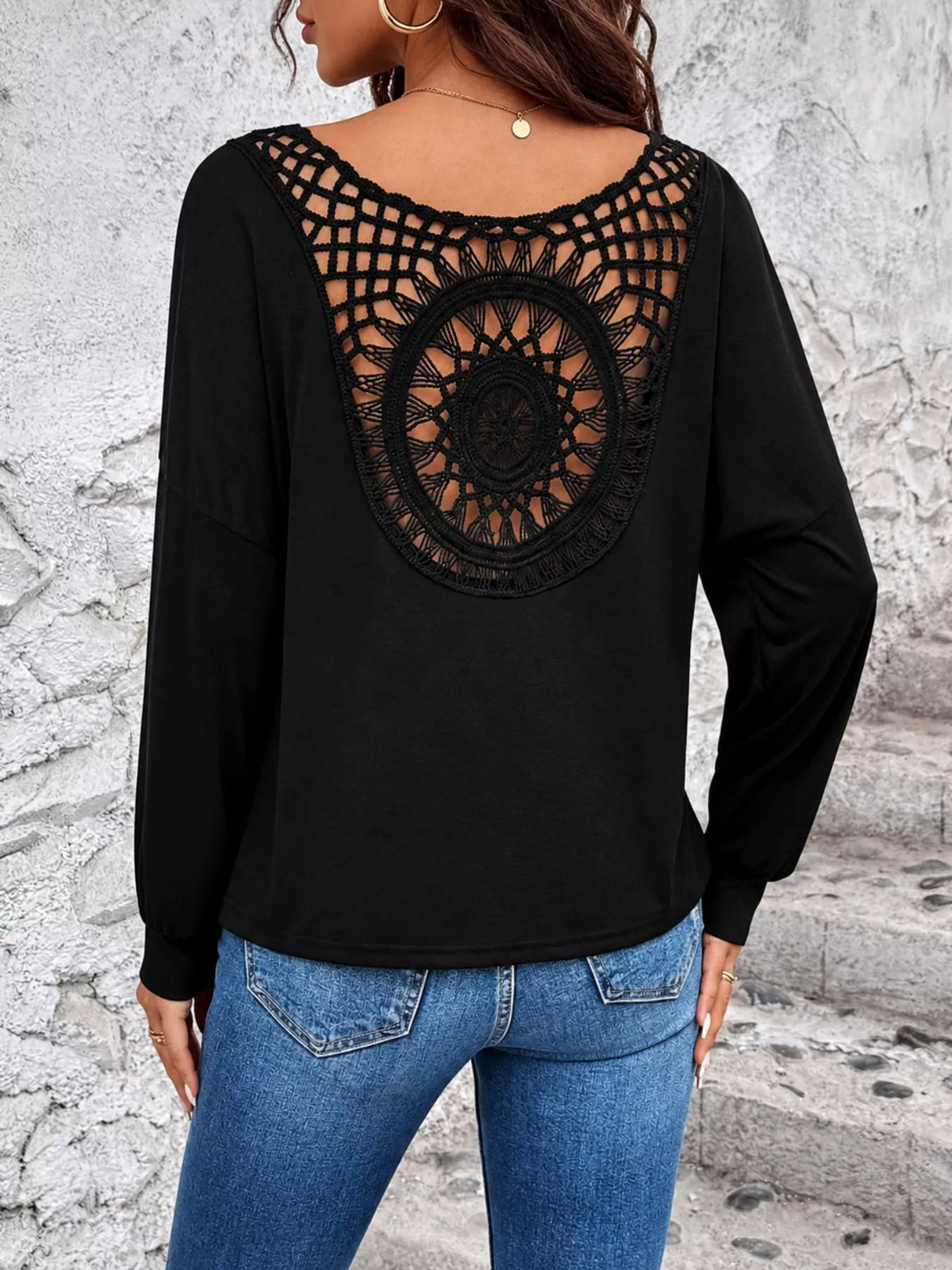 Crochet Back Detail Long Sleeve T-Shirt, back view in black