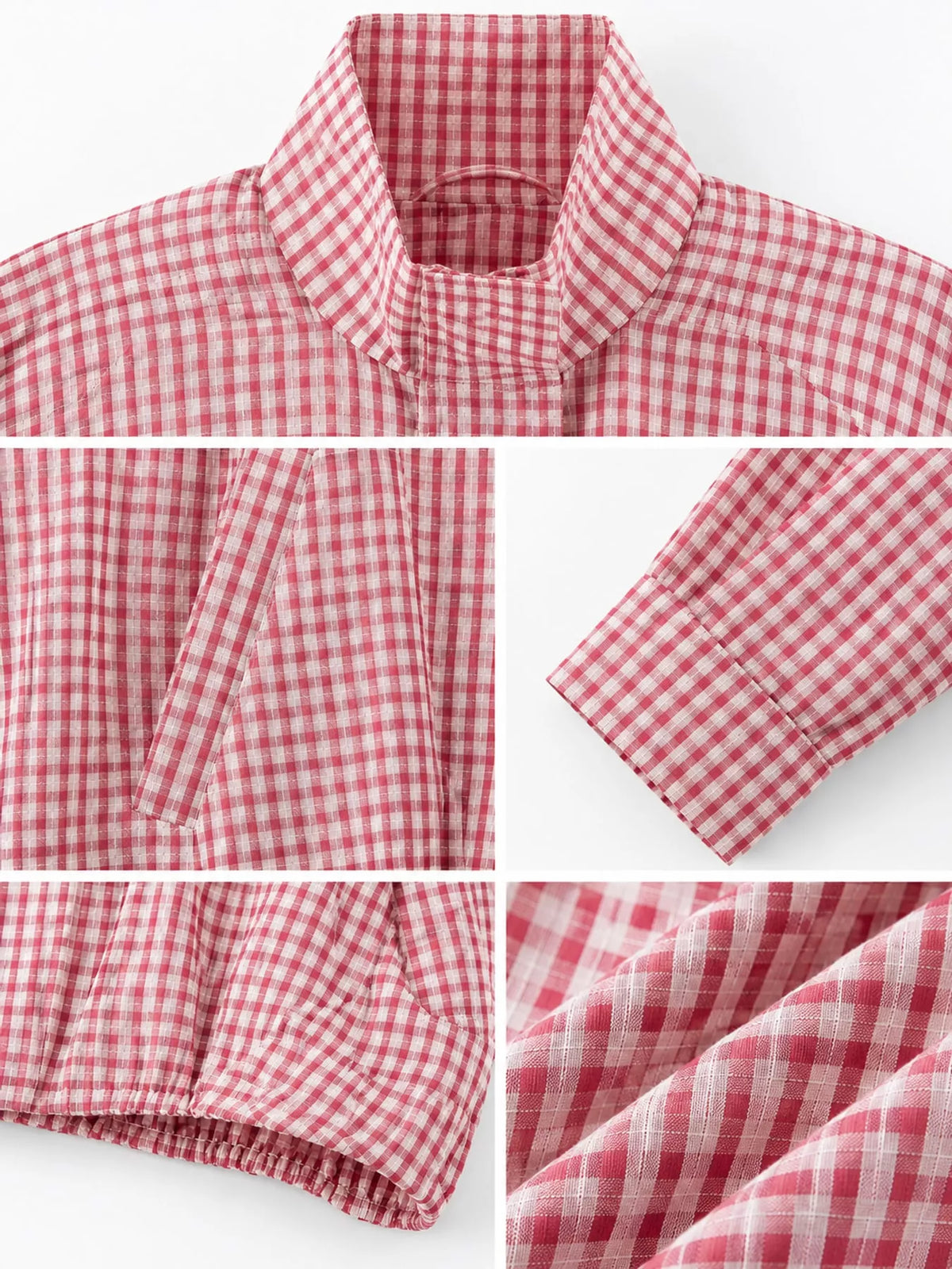 Pale Pink plaid stand-collar cropped jacket, detail view