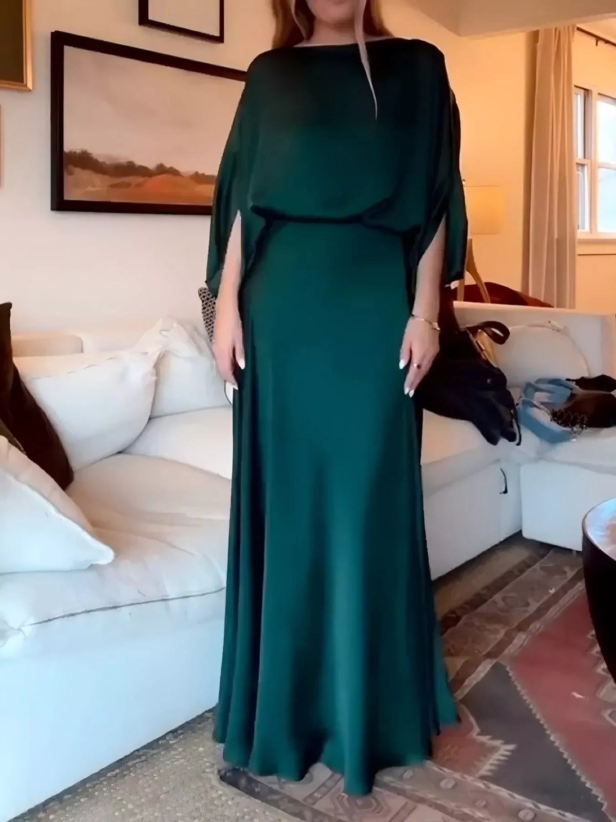 Green satin cape sleeve maxi dress, front view