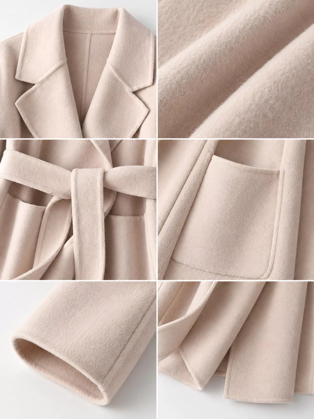 Cream belted double-sided wool coat, lapel, tie belt, patch pocket, and fabric texture
