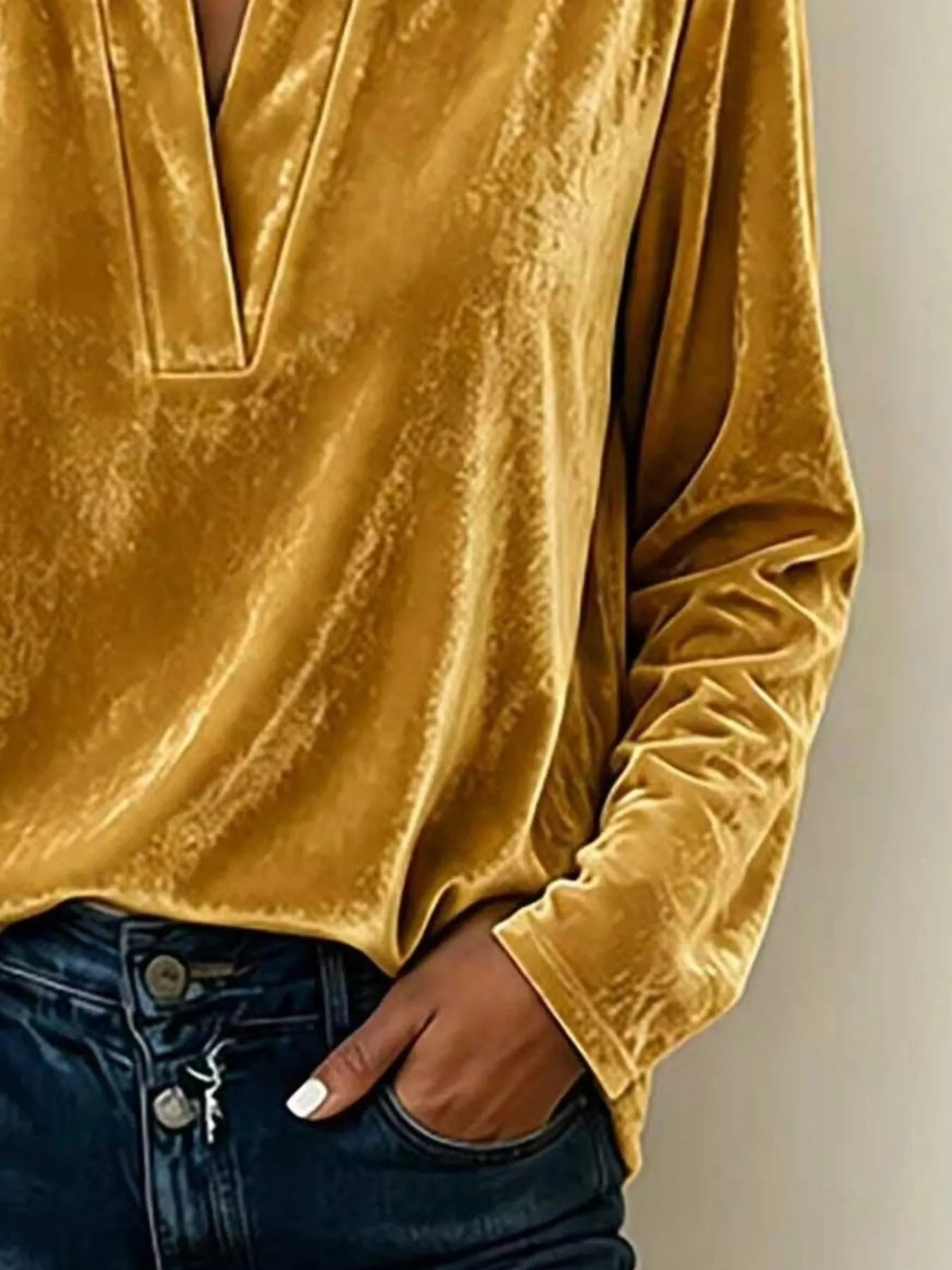 Trendsi Full Size Velvet Notched Long Sleeve Blouse Plus Size -