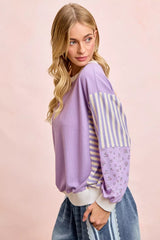 Trendsi BiBi Mix and Match Sweatshirt with Floral Sleeve Striped -