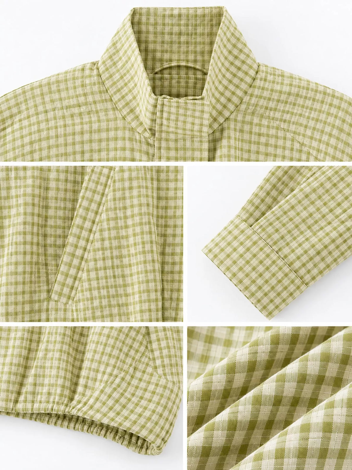 Lime Green plaid stand-collar cropped jacket, detail view