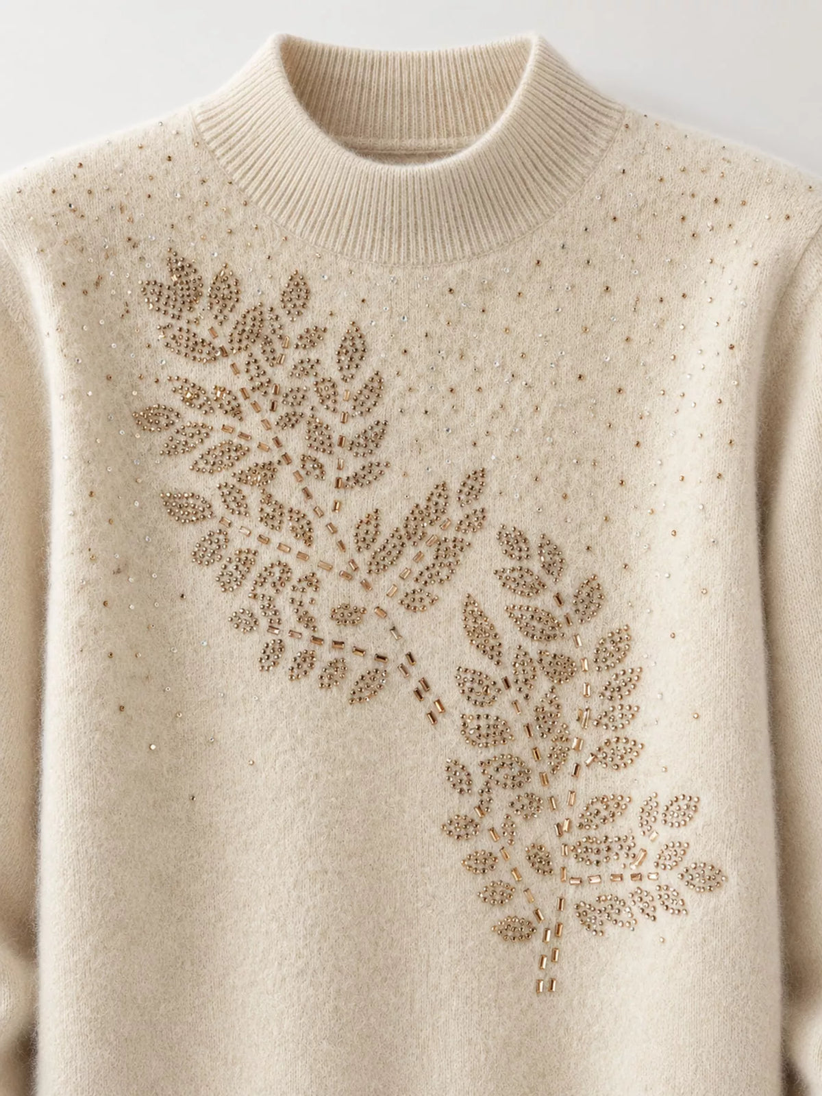 Rhinestone Leaf Mock Neck Sweater — construction details