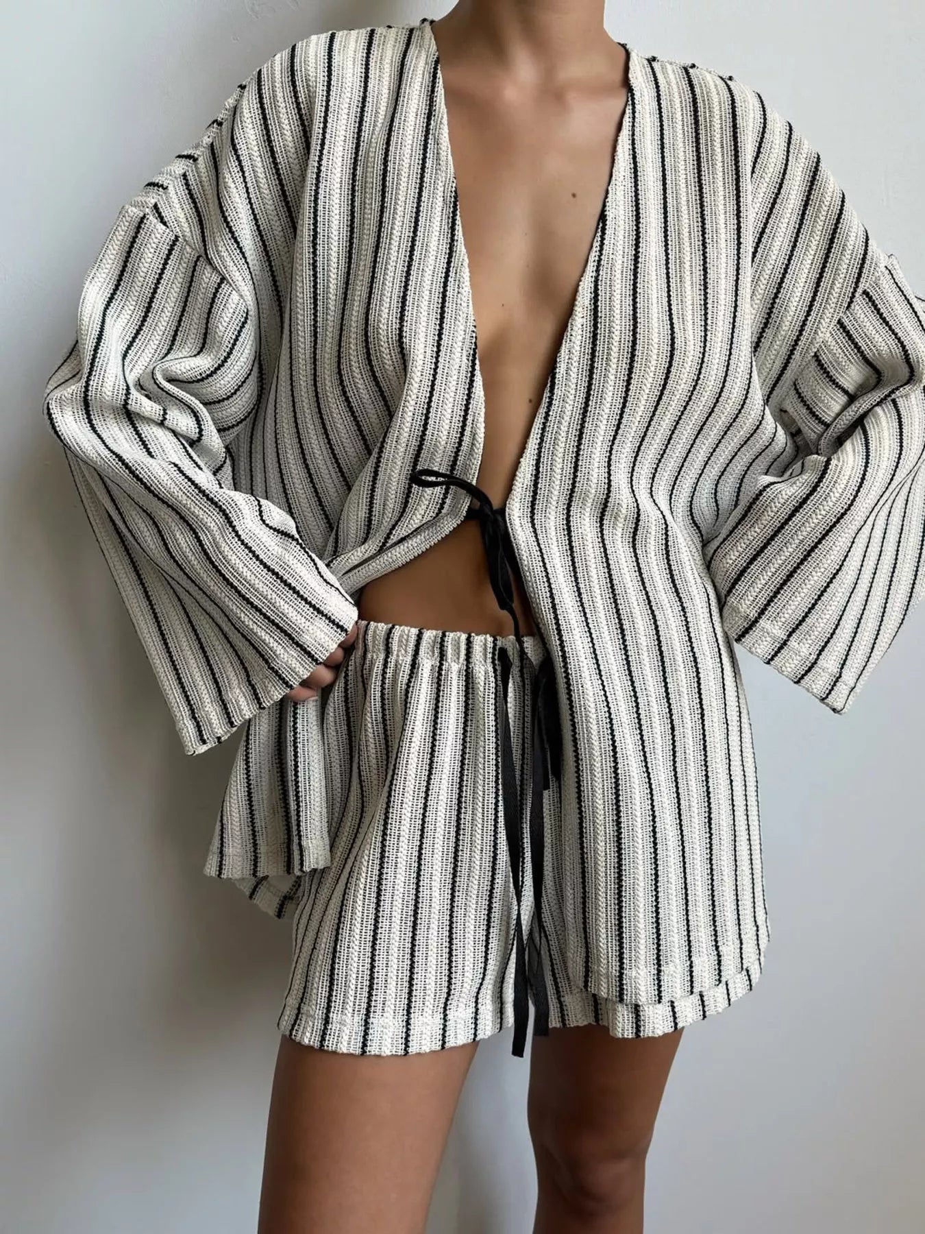 Trendsi Striped Tie Front Top and Shorts Lounge Set -