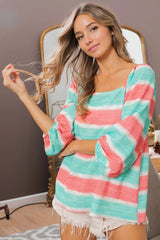 Trendsi BiBi Stripe Printed Bubble Woven Balloon Sleeves Top -