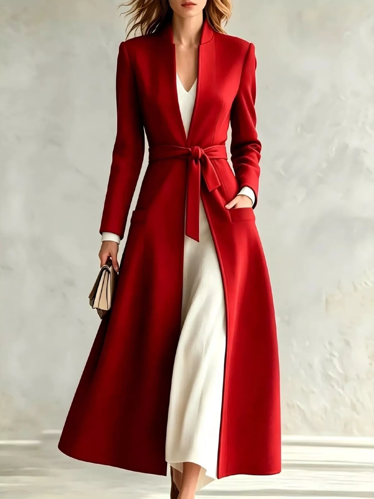Red tie waist long sleeve coat — front view