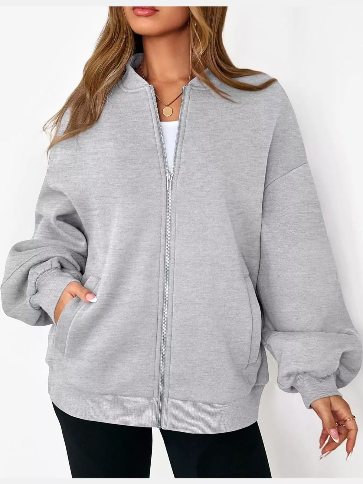Gray oversized zip-up jacket — front view
