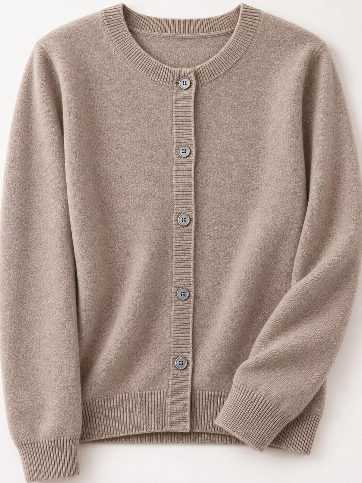 Women's Crew Neck Button-Down Knit Cardigan in taupe — cuff detail view