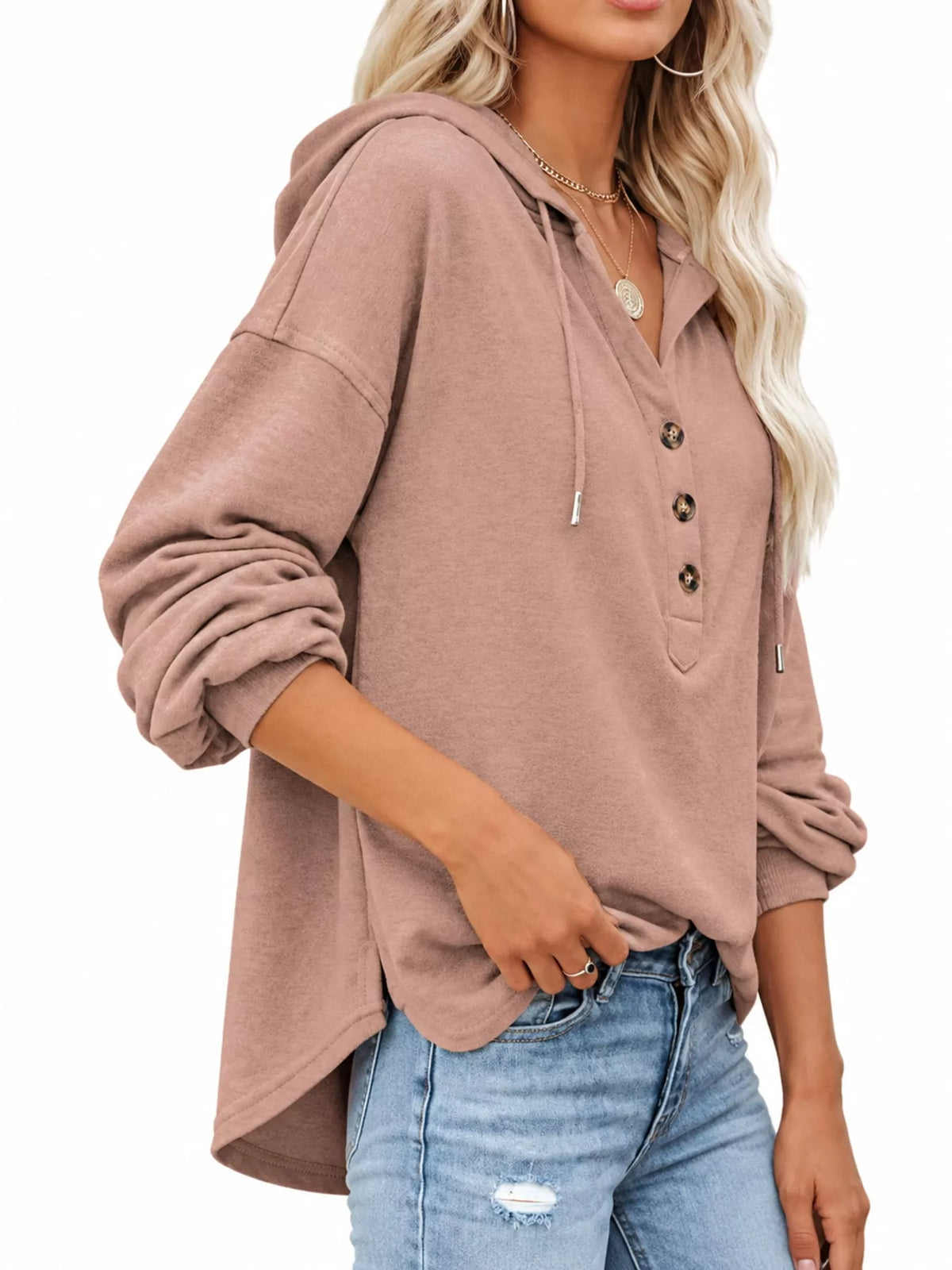 Women's Button Placket Drawstring Dropped Shoulder Hoodie in pink — side view