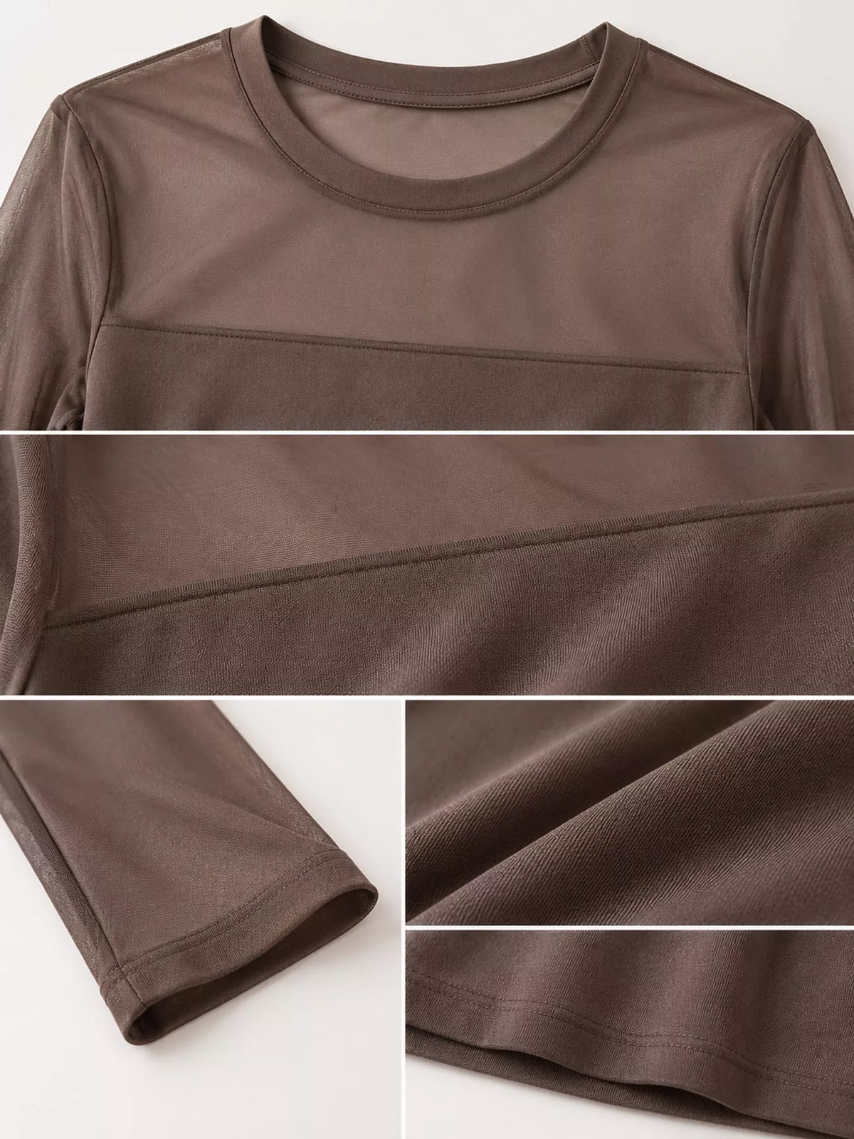 Coffee sheer mesh patchwork long sleeve t-shirt, detail view