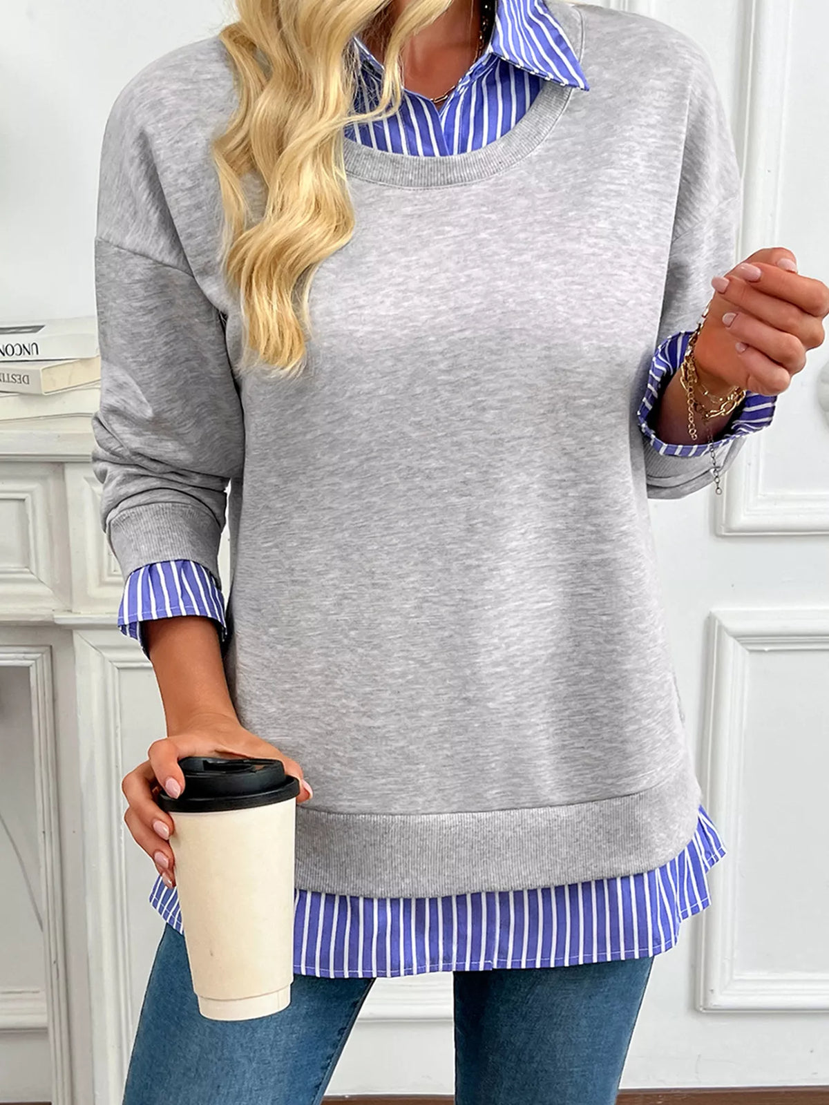 Striped-collar sweatshirt, gray front striped collar