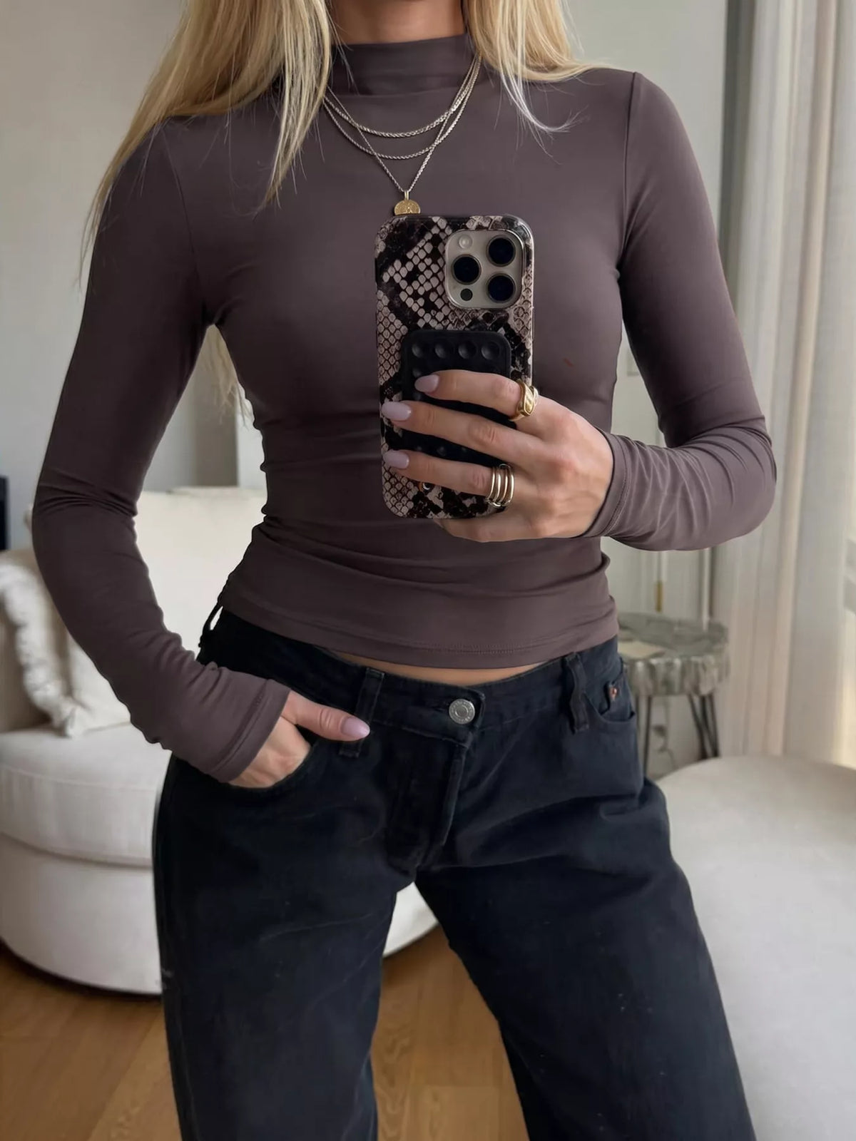 Slim-Fit Mock Neck Long Sleeve T-Shirt in brown, front view