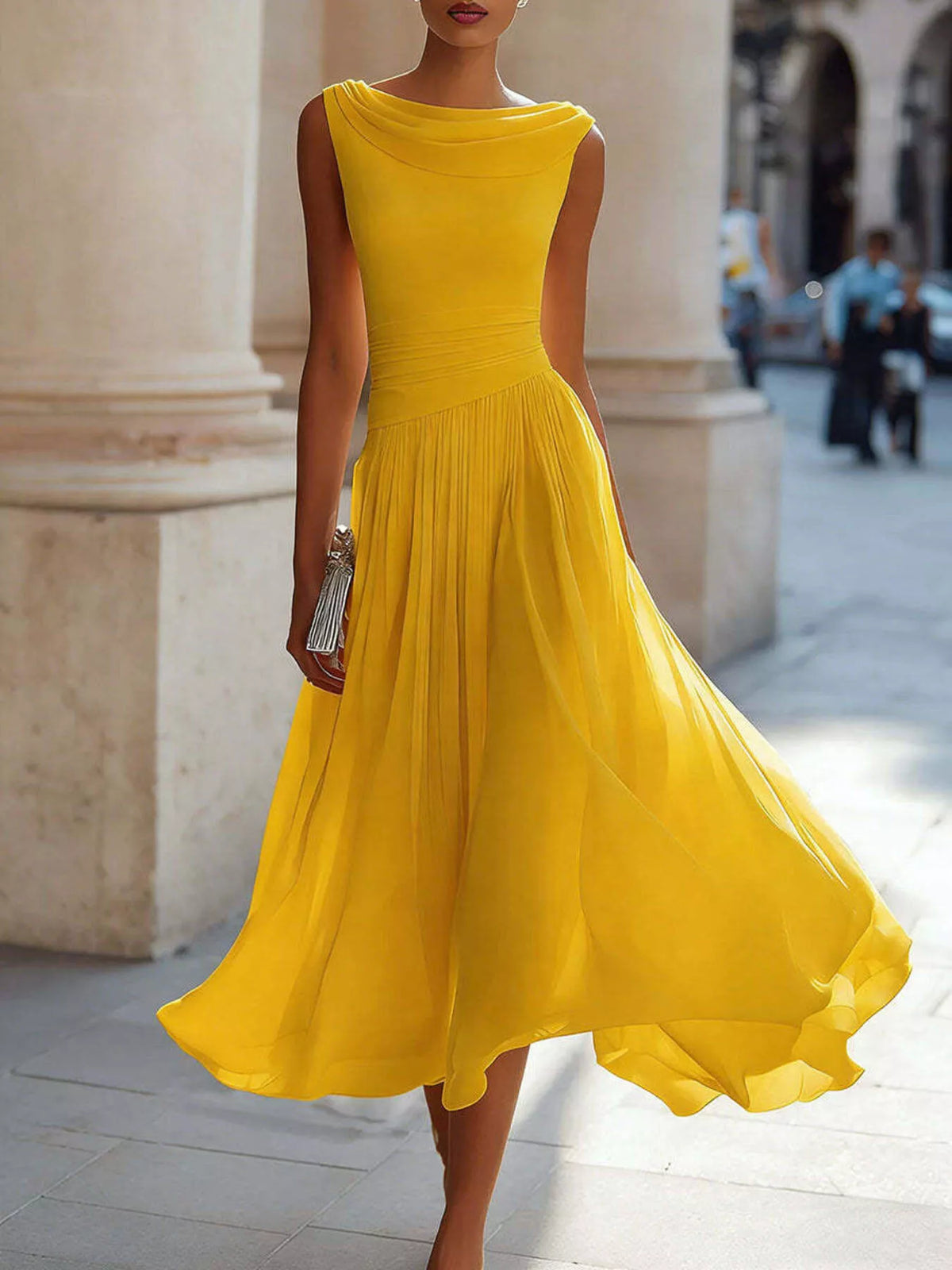 Yellow sleeveless boat neck midi dress — front view