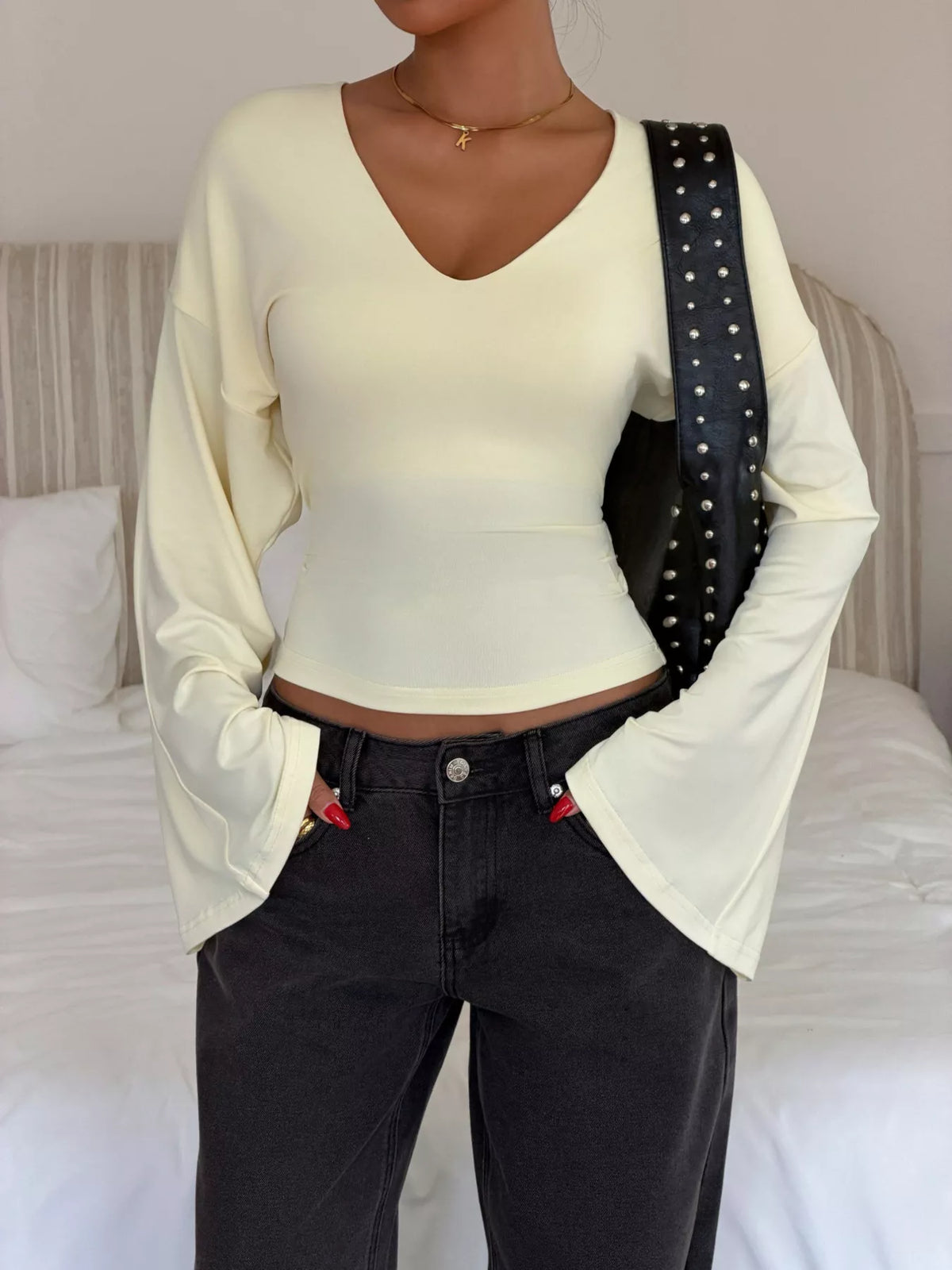 V-Neck Flare Sleeve T-Shirt in yellow, front view