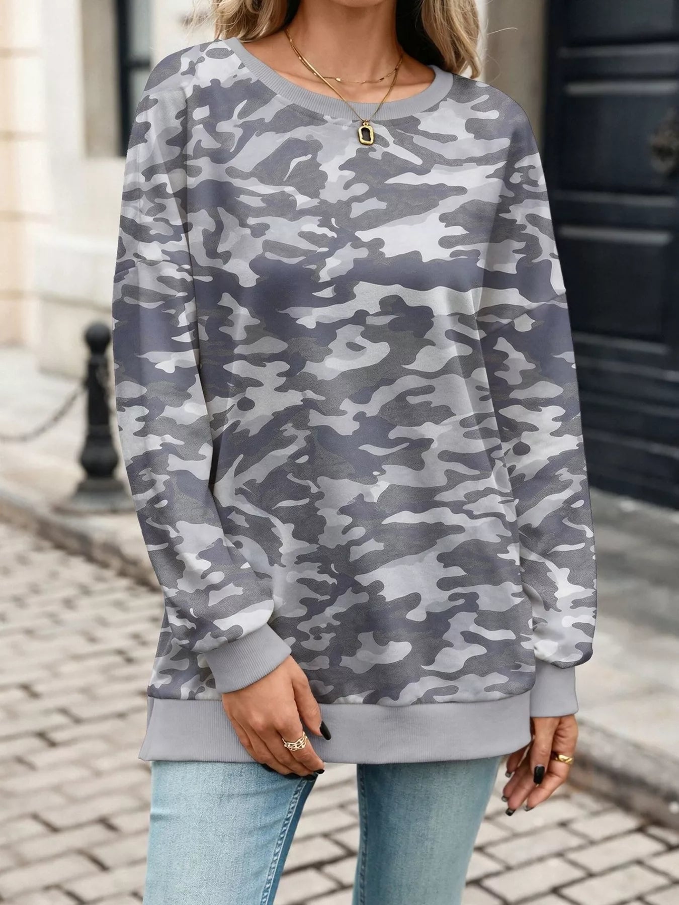 Trendsi Camouflage Print Crewneck Sweatshirt -