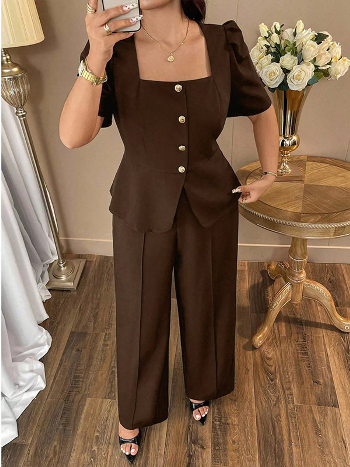 Peplum top and pants set, brown front