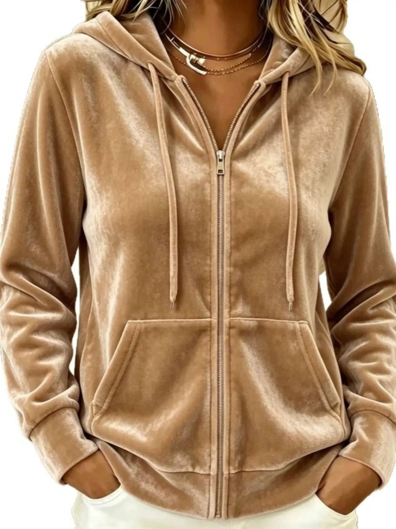 Trendsi Full Size Velvet Zip-Up Hoodie with Drawstring Plus Size -