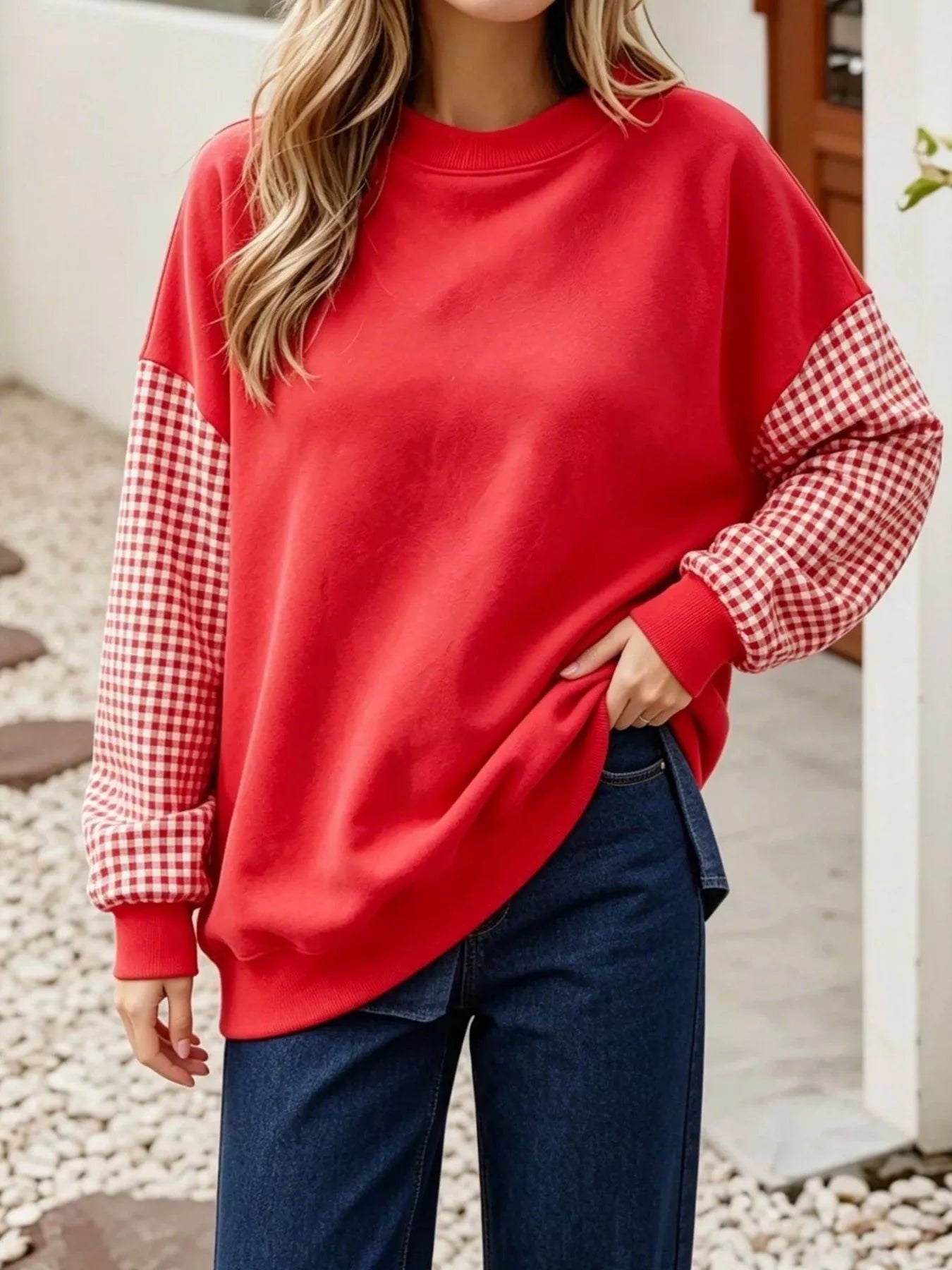 Trendsi Contrast Gingham Long Sleeve Sweatshirt -