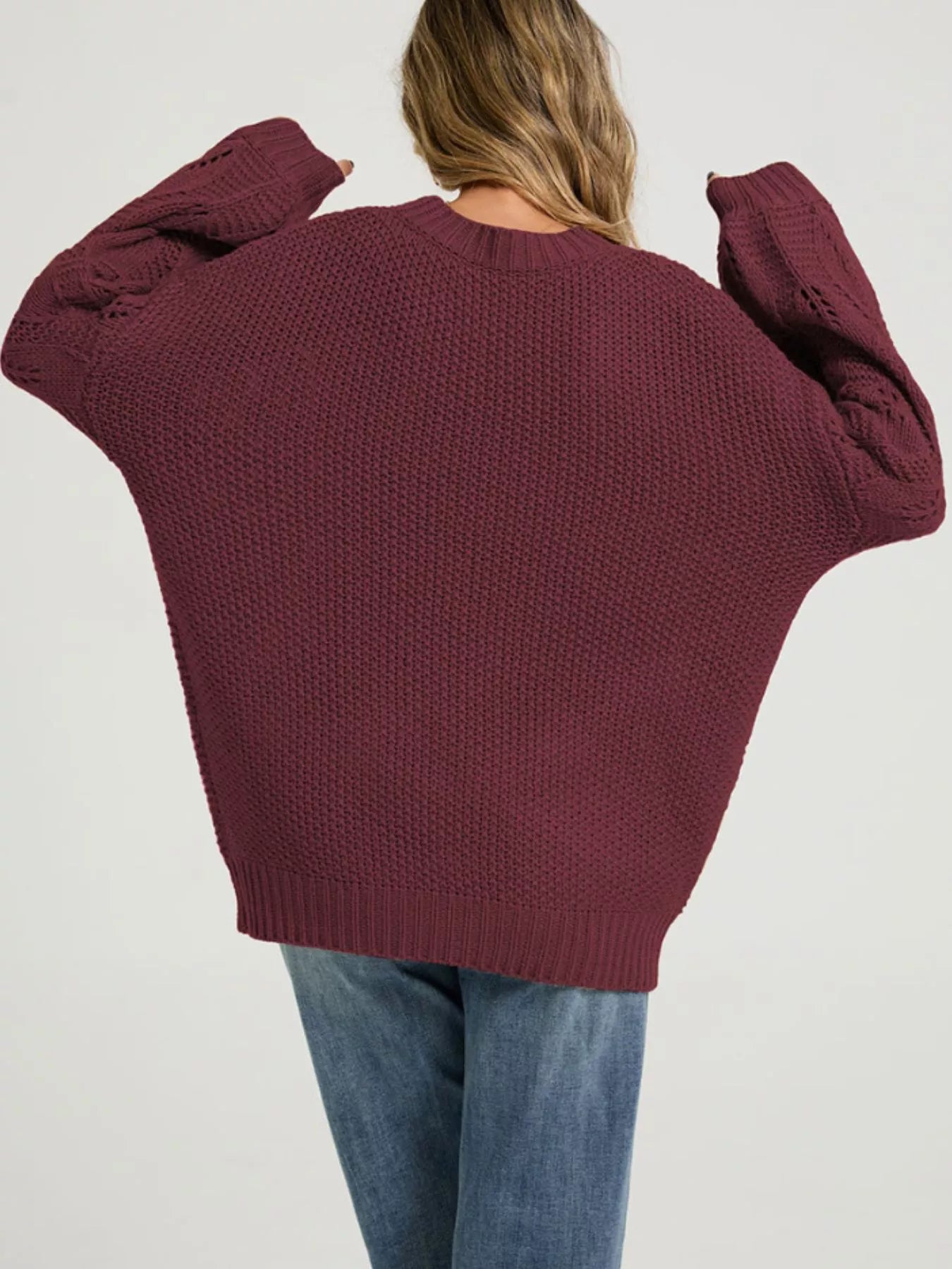 Trendsi Textured Knit Openwork Dropped Shoulder Sweater -