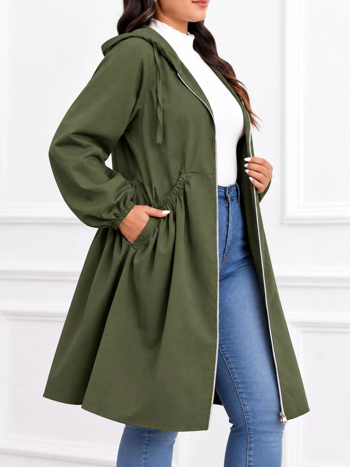 Hooded longline jacket, olive side