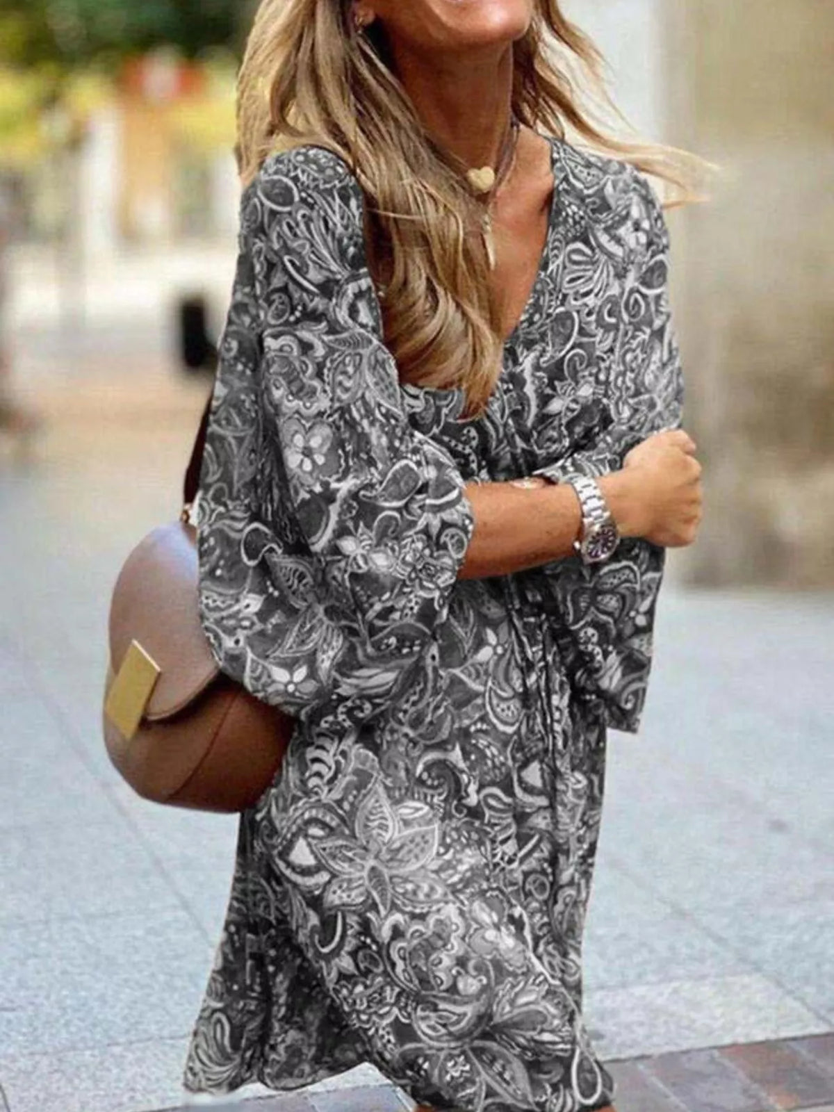Trendsi Full Size Paisley Print Long Sleeve Mini Dress Plus Size -