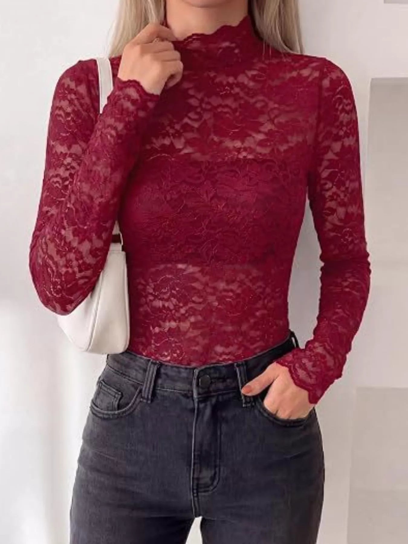Trendsi Lace Mock Neck Long Sleeve Top -