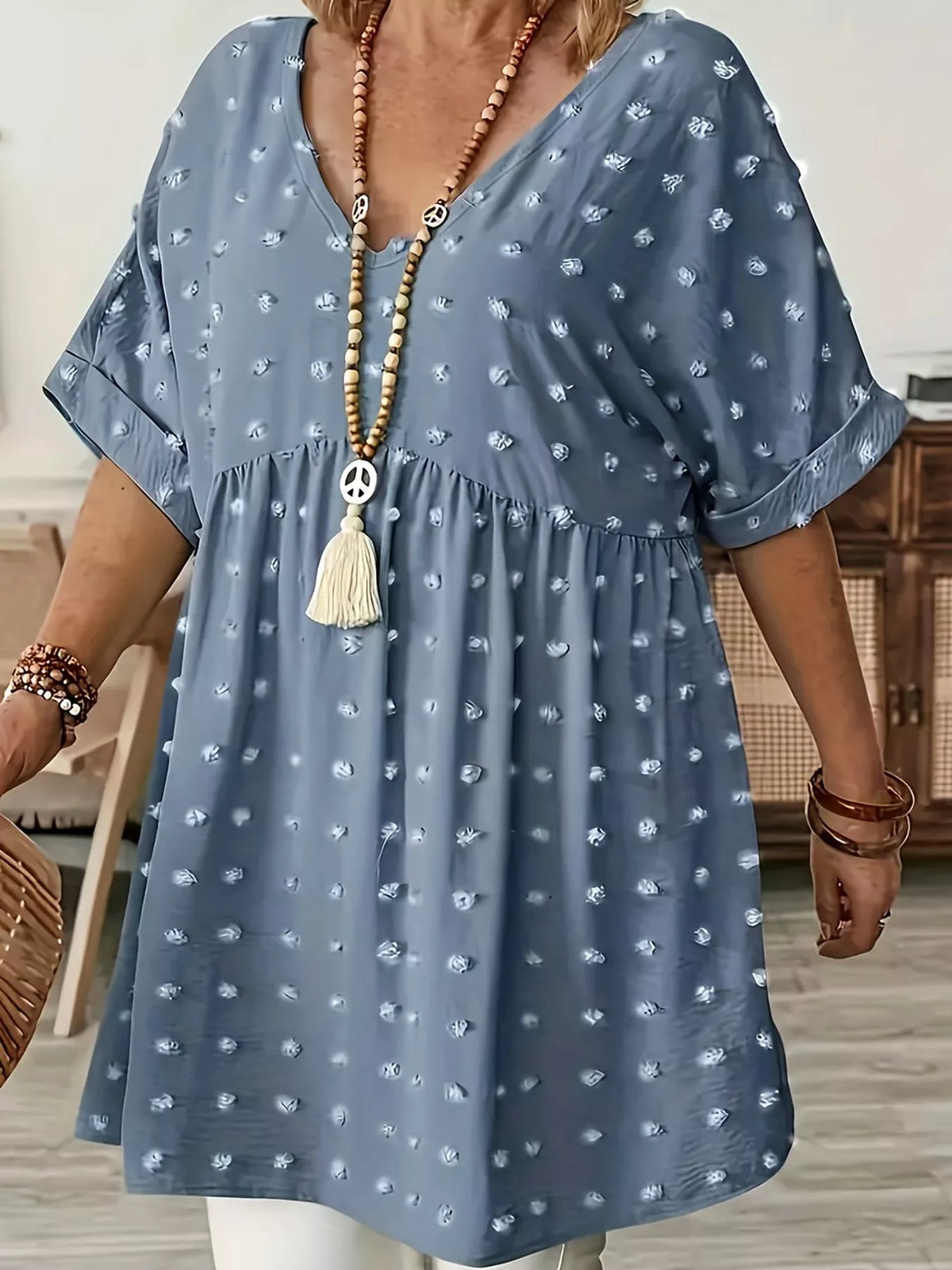 Swiss-dot blouse, dusty blue front