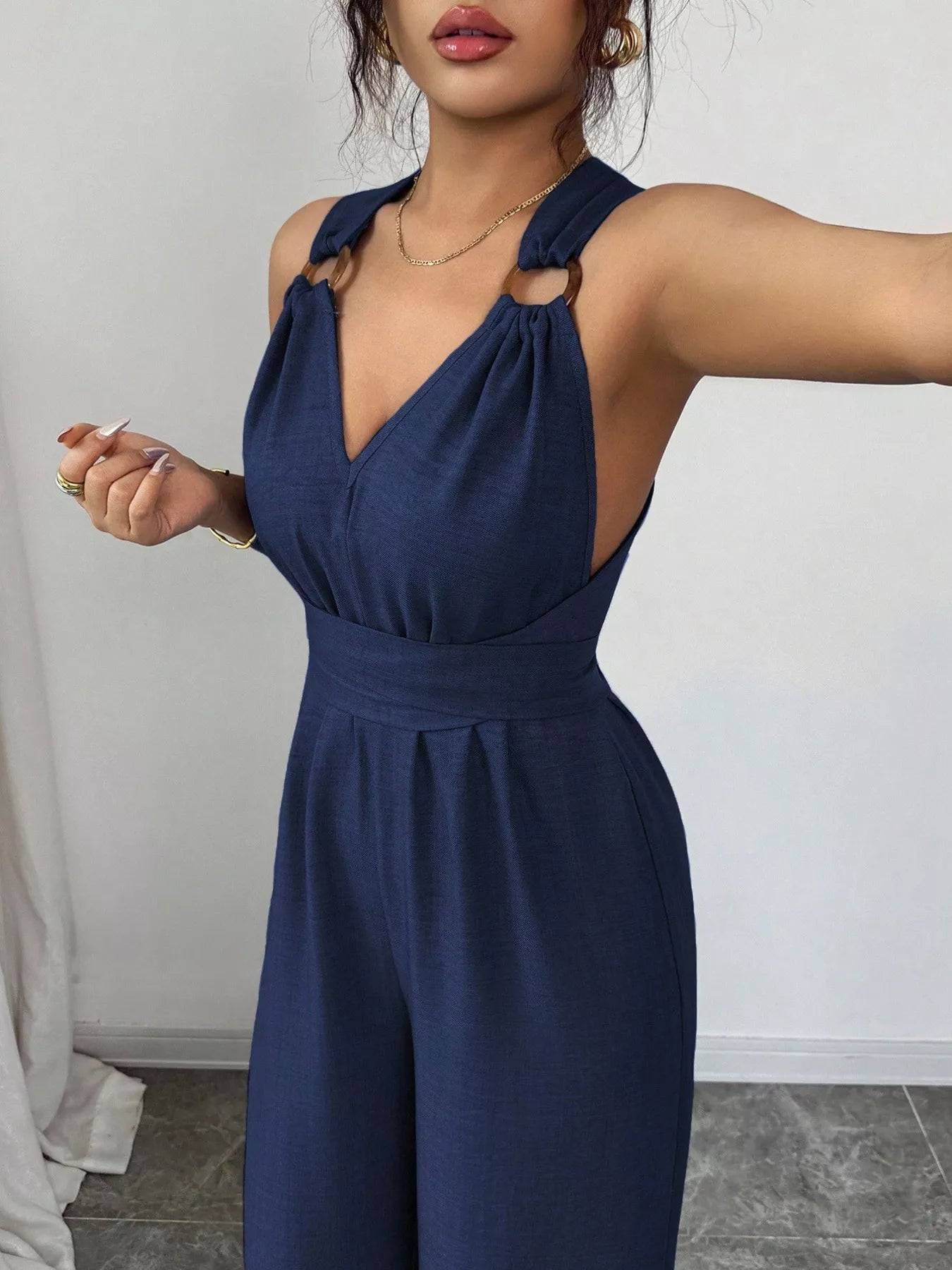 Trendsi Sleeveless V-Neck Wide-Leg Jumpsuit with O-Ring Detail -