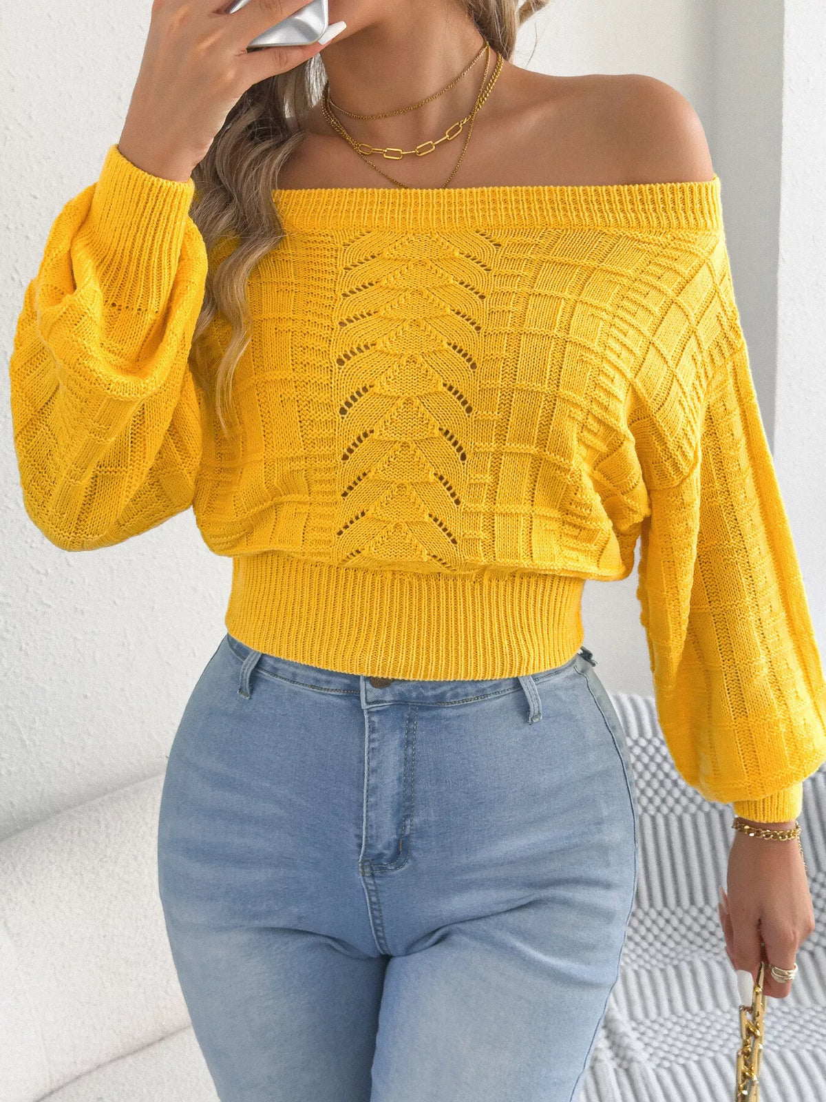 Yellow off-shoulder openwork cropped sweater
