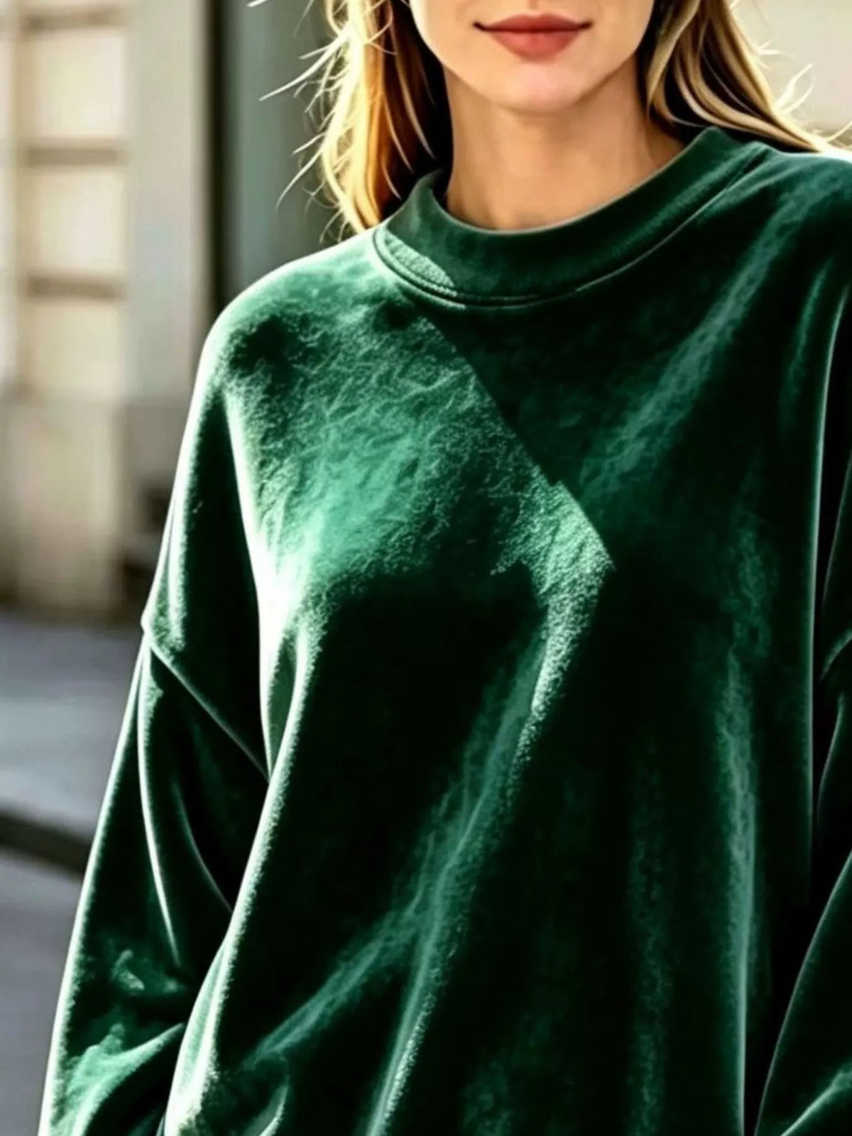 Women's Velvet Crew Neck Dropped Shoulder Sweatshirt in green — texture detail view