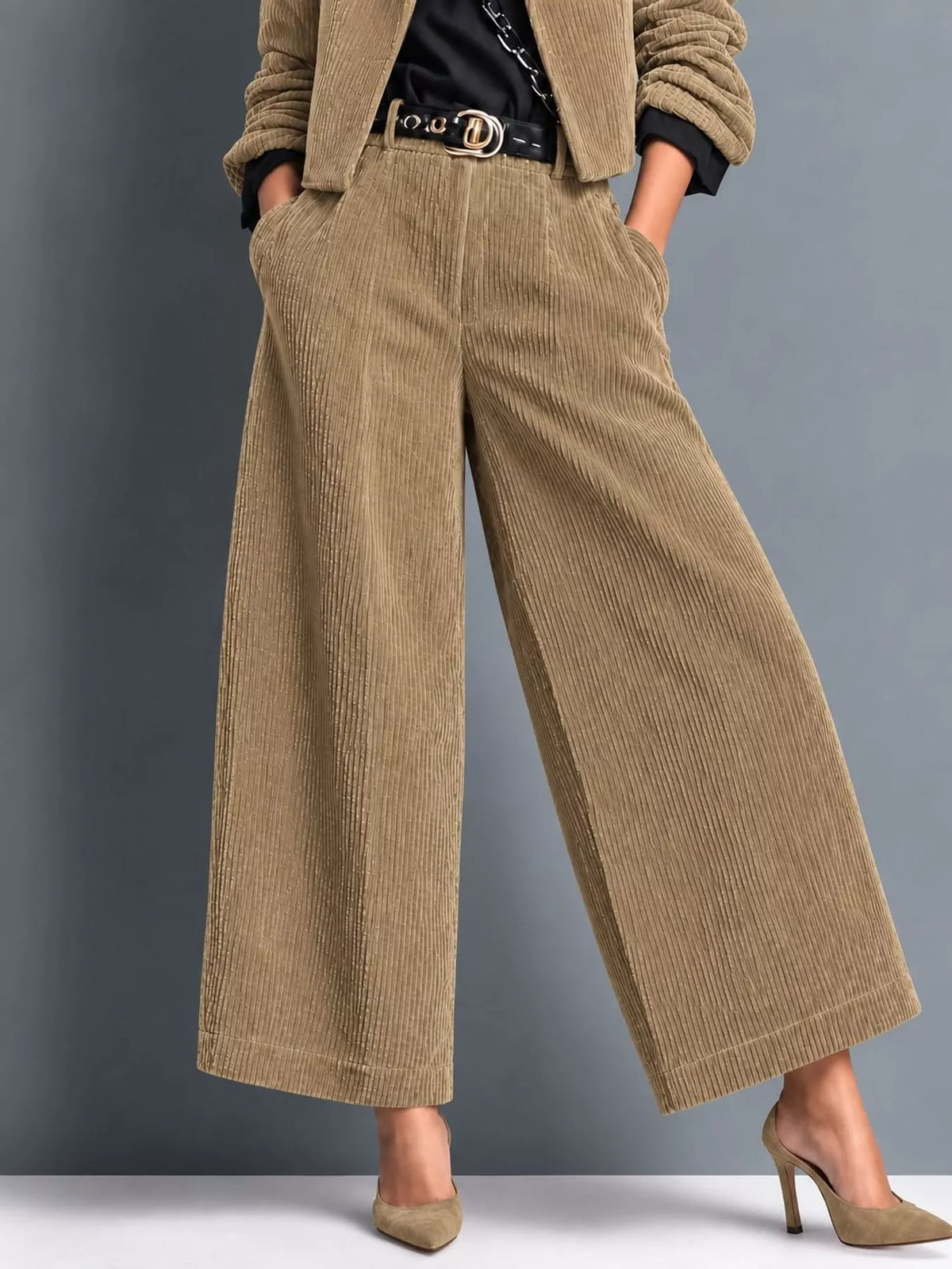 Corduroy Button Up Blazer and Pants Set in beige