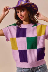 Trendsi SO ME Mardi Gras Check Plaid Casual Sweater Top -