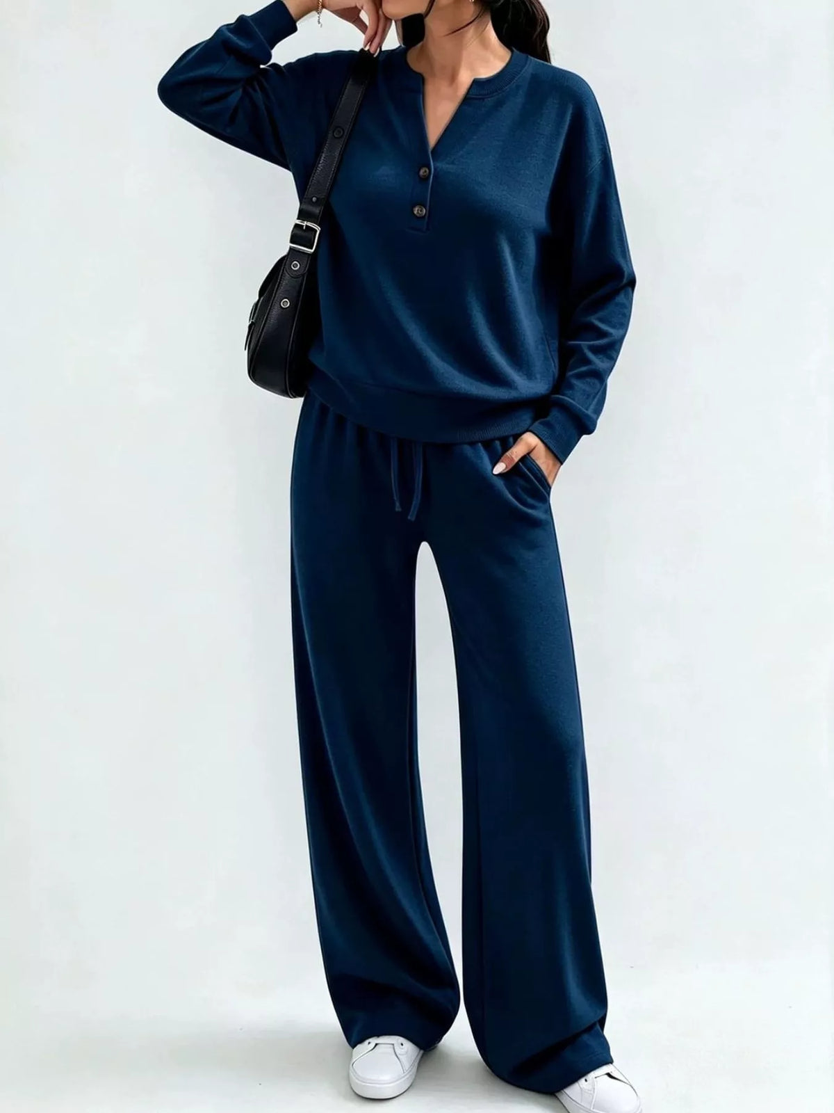 Navy button detail top and wide-leg pants set — front view