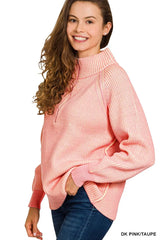 Trendsi Zenana Ribbed Two Tone Half Zip Sweater -