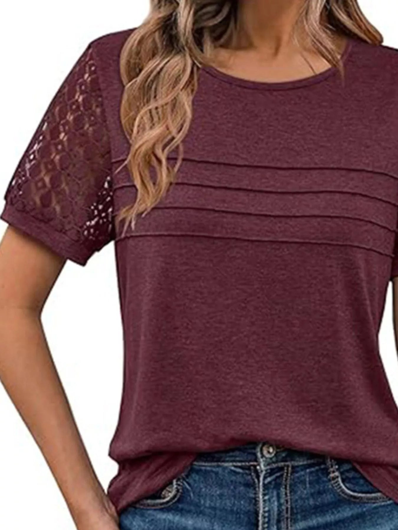 Trendsi Lace Short Sleeve Round Neck T-Shirt -