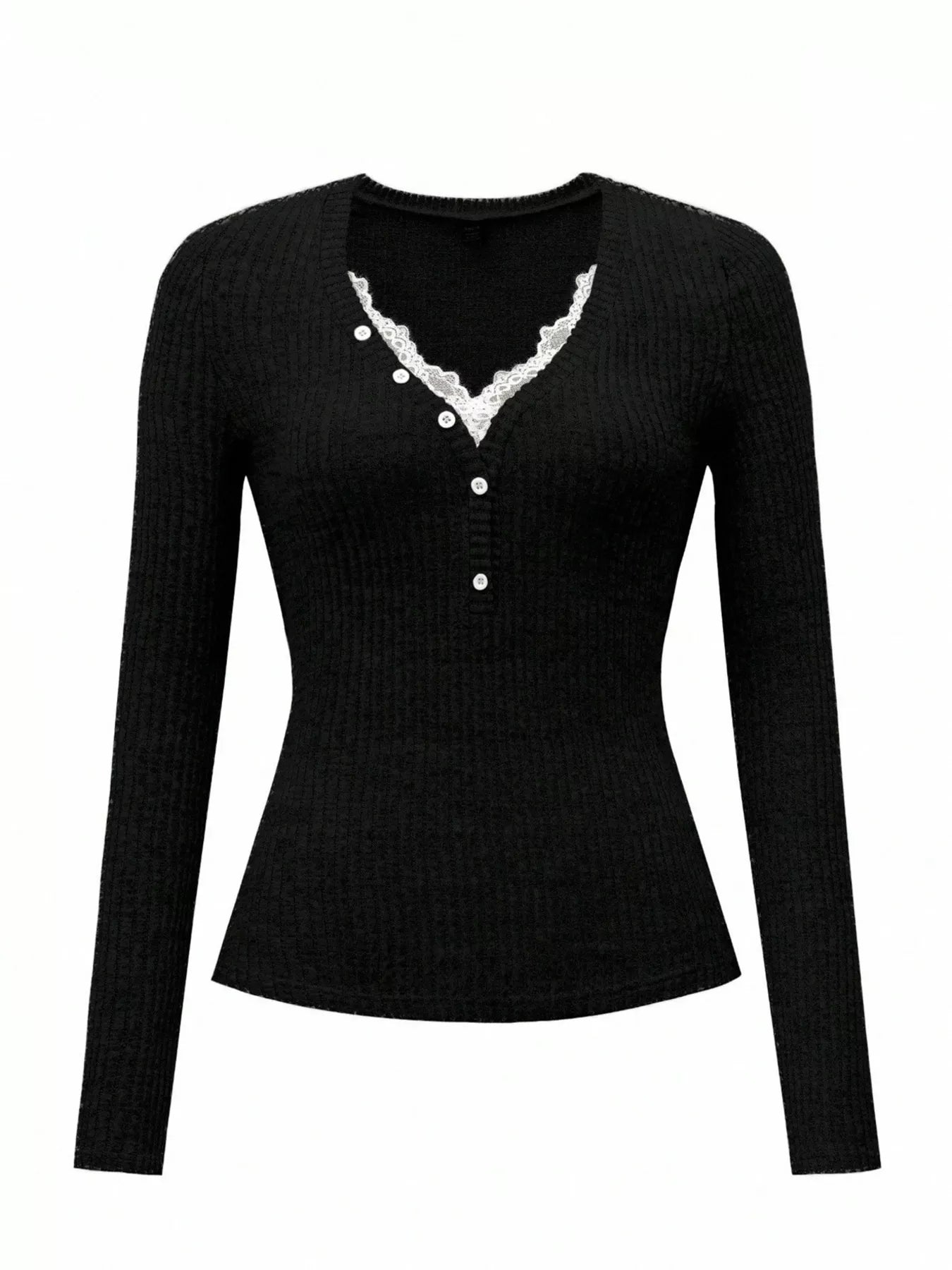 Trendsi Ribbed Knit Lace Trim T-Shirt -