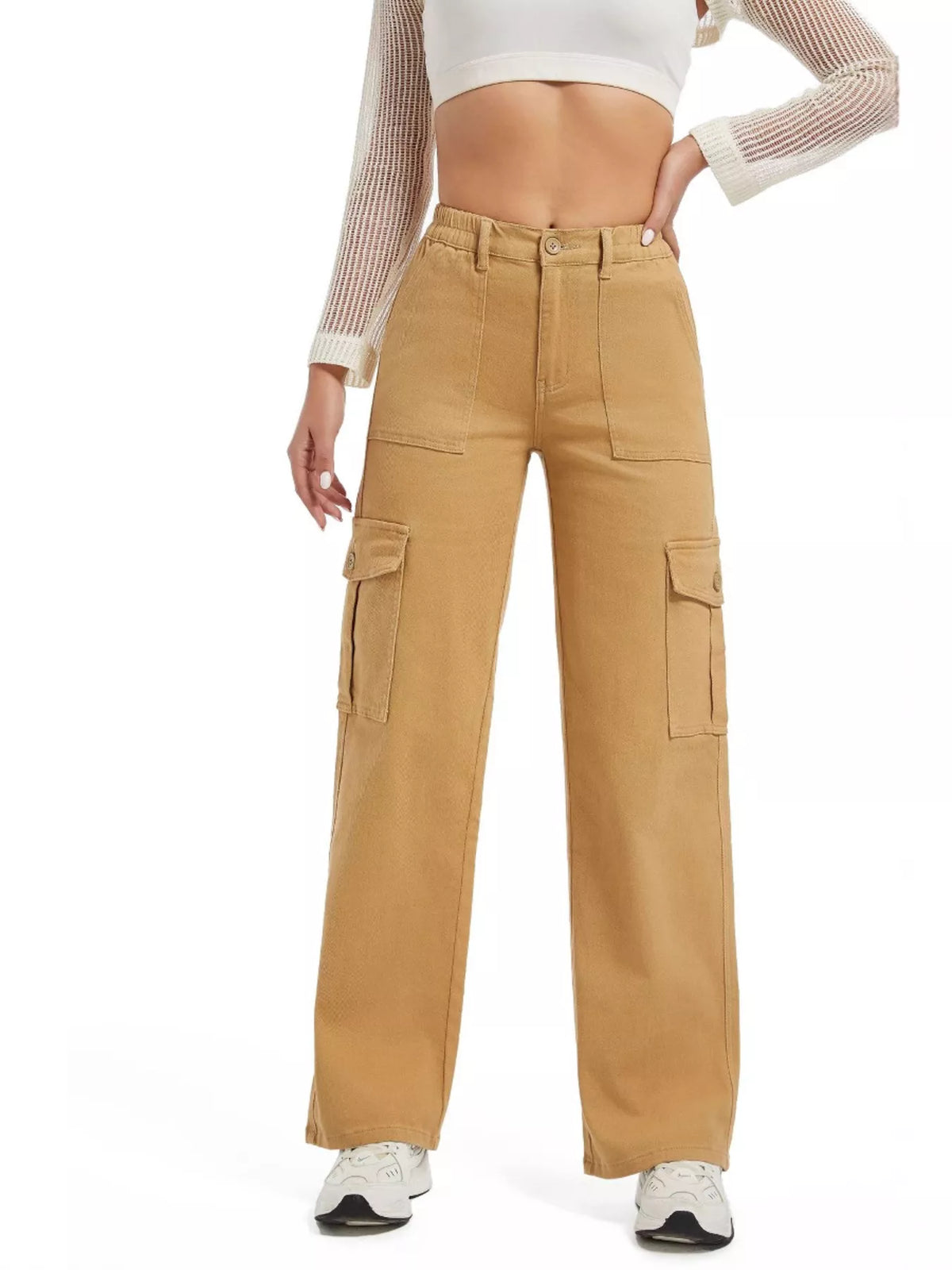 Tan wide-leg cargo jeans, front view