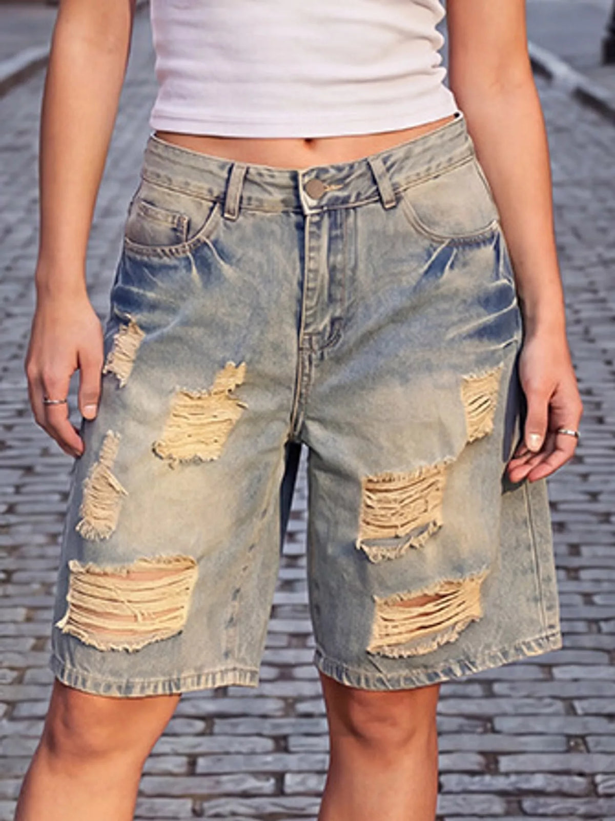 Distressed Loose Fit Denim Shorts in vintage blue