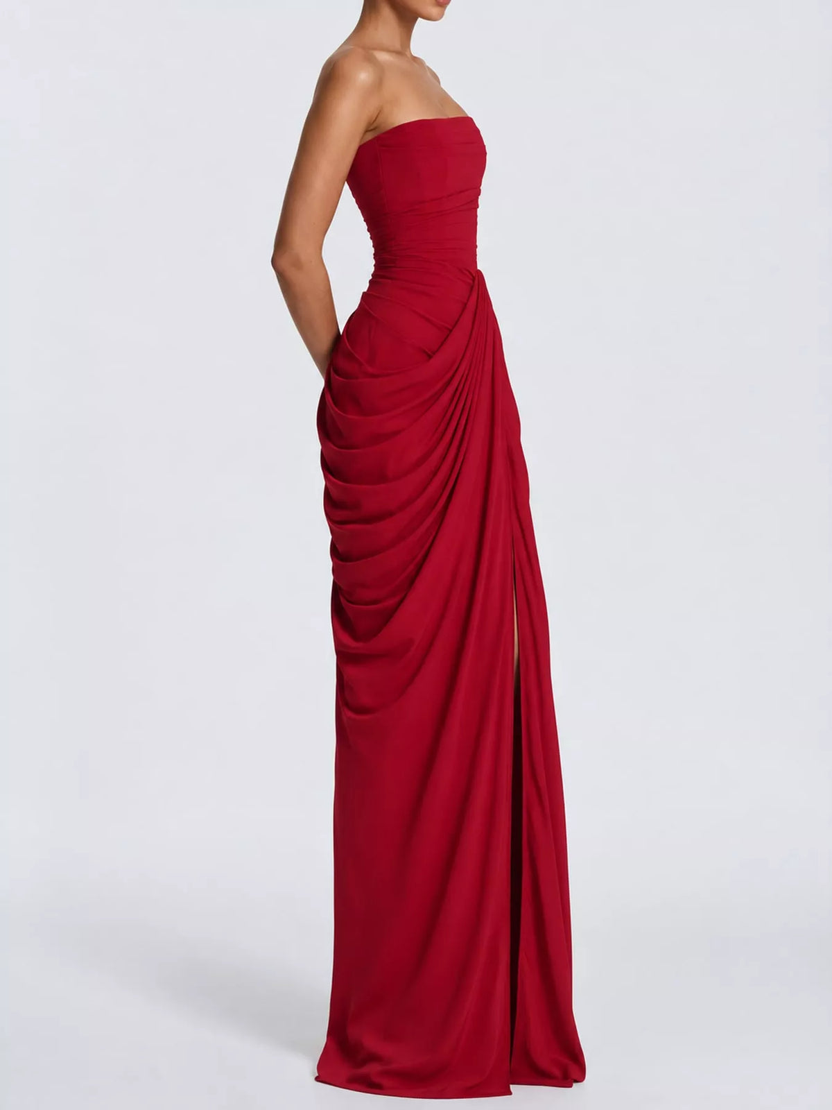Red strapless ruched high-slit evening dress