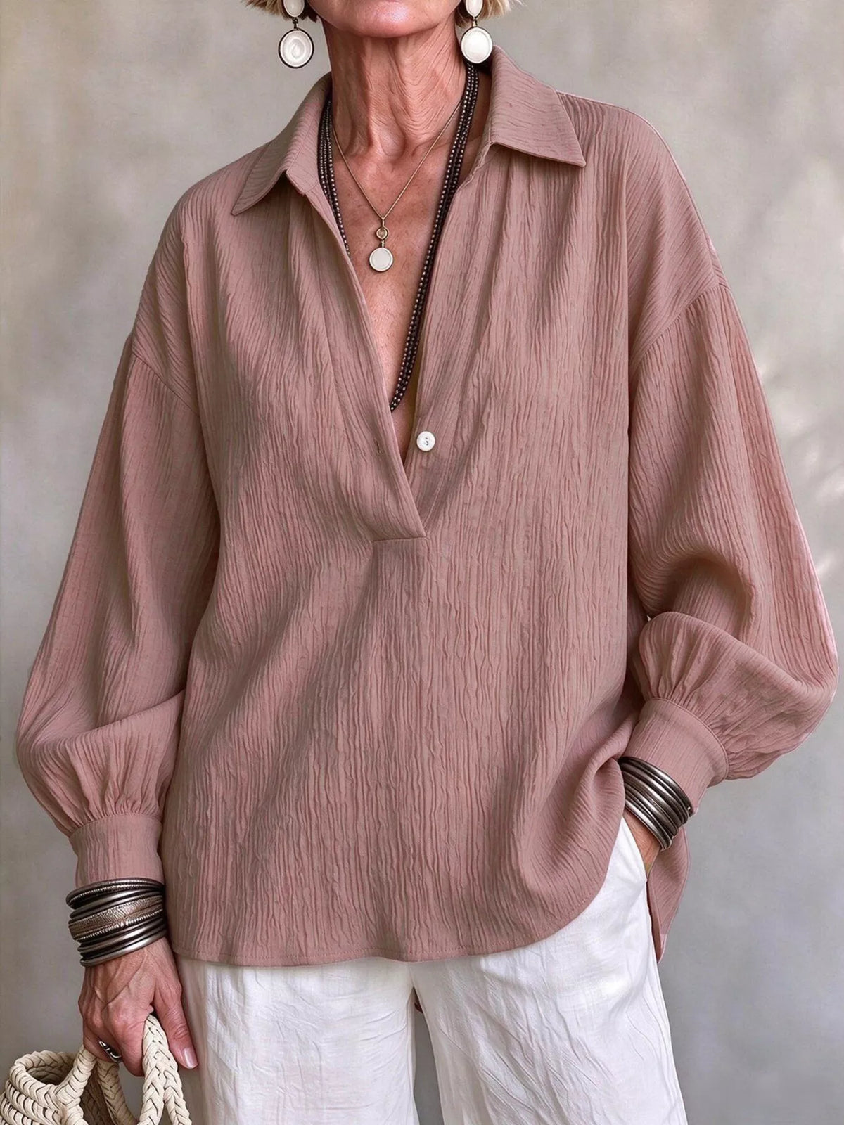 Women's Textured Lantern Sleeves Blouse in pink — front view