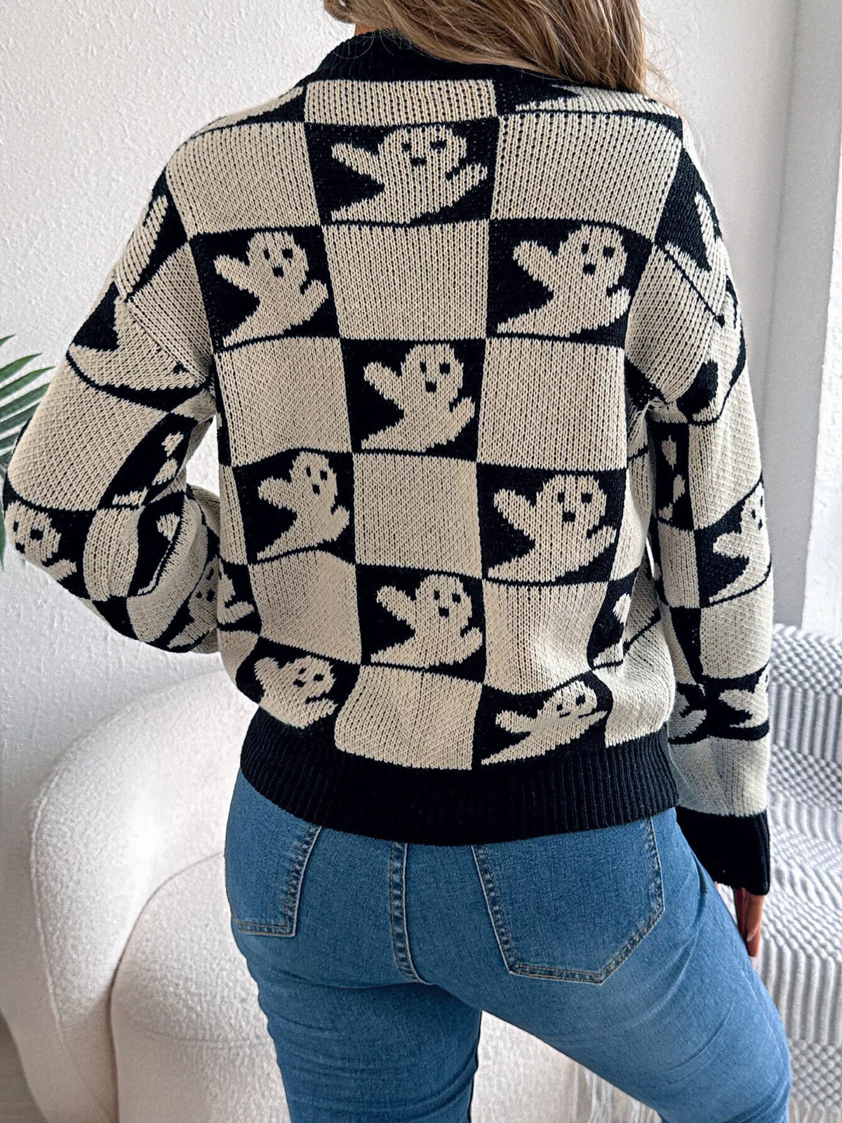 Checkerboard Halloween Graphic Sweater in black ghost, back view