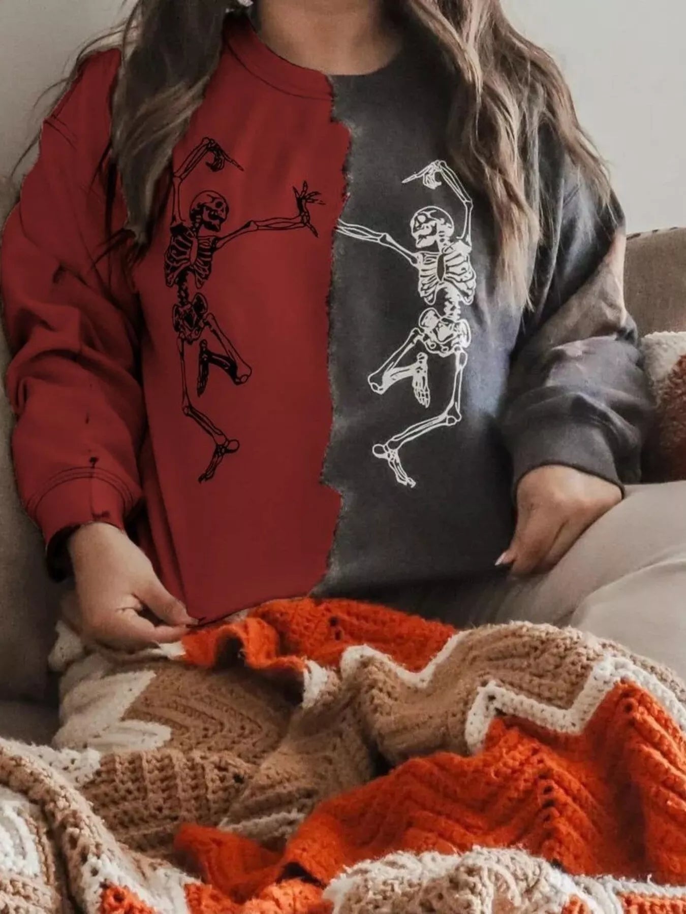 Trendsi Halloween Skeleton Print Color Block Sweatshirt -